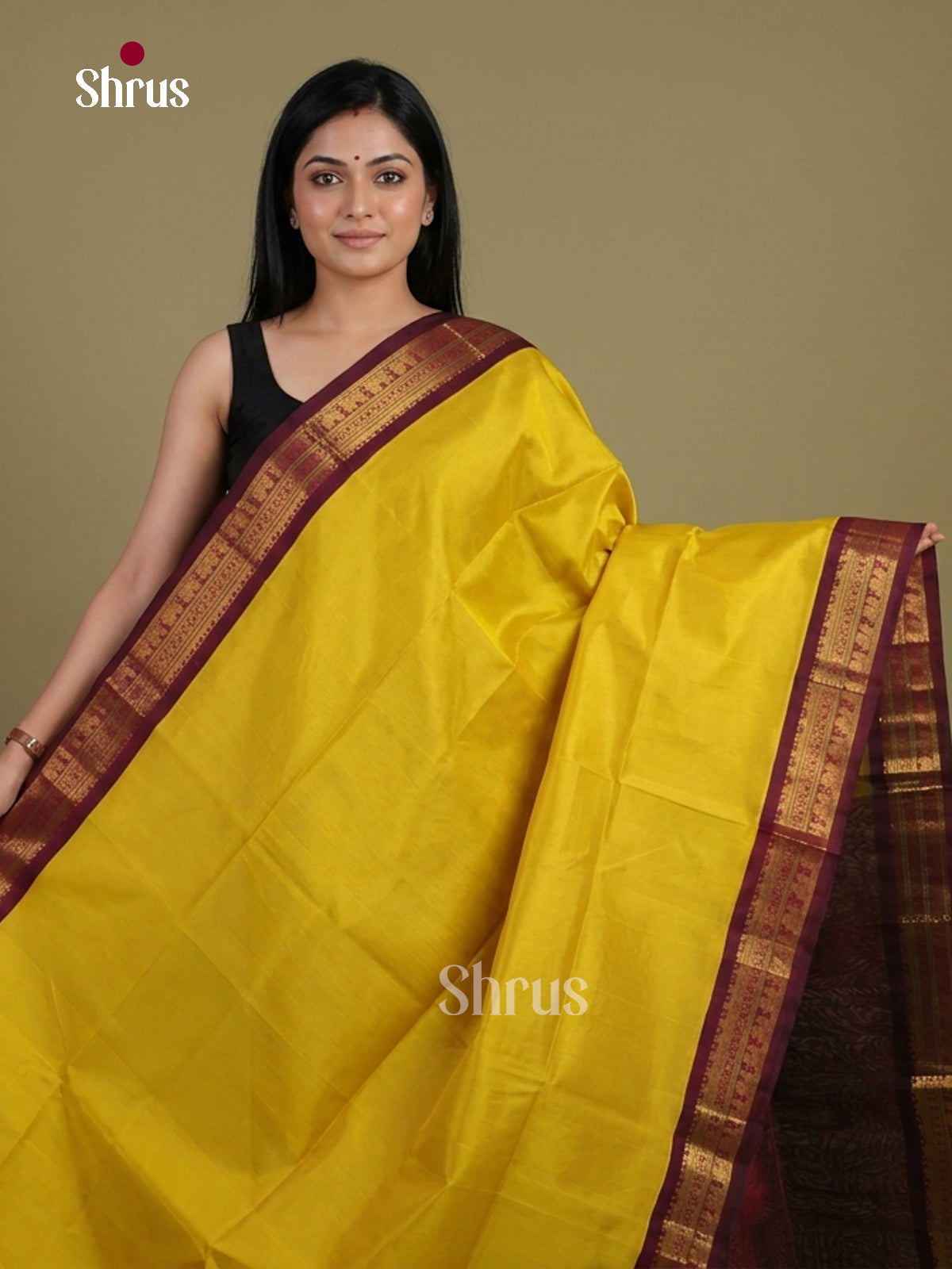 Glorious Mustard Yellow Silk Cotton Saree with Plain Body & Deep Maroon Zari Border 1