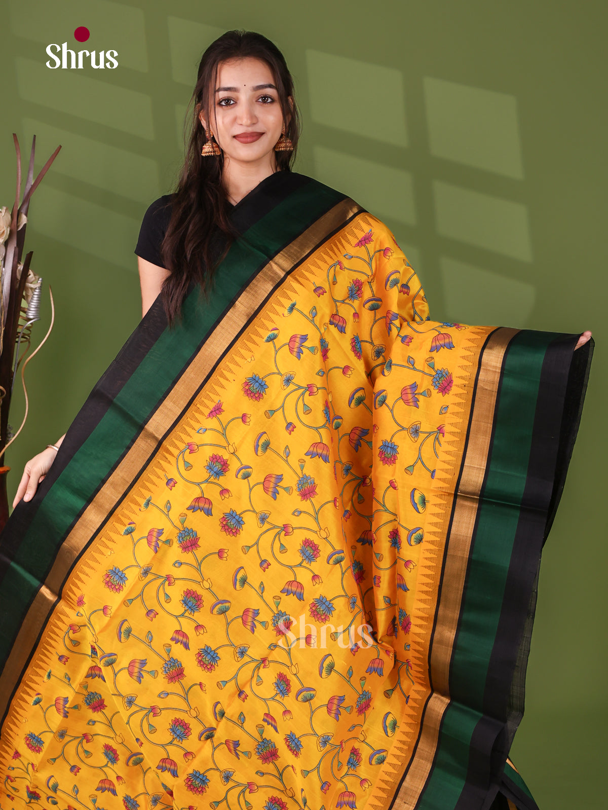 Glorious Yellow Cotton Silk Saree With Floral Vines, Temple Zari Border With Colour Bands & Brocade Pallu 1