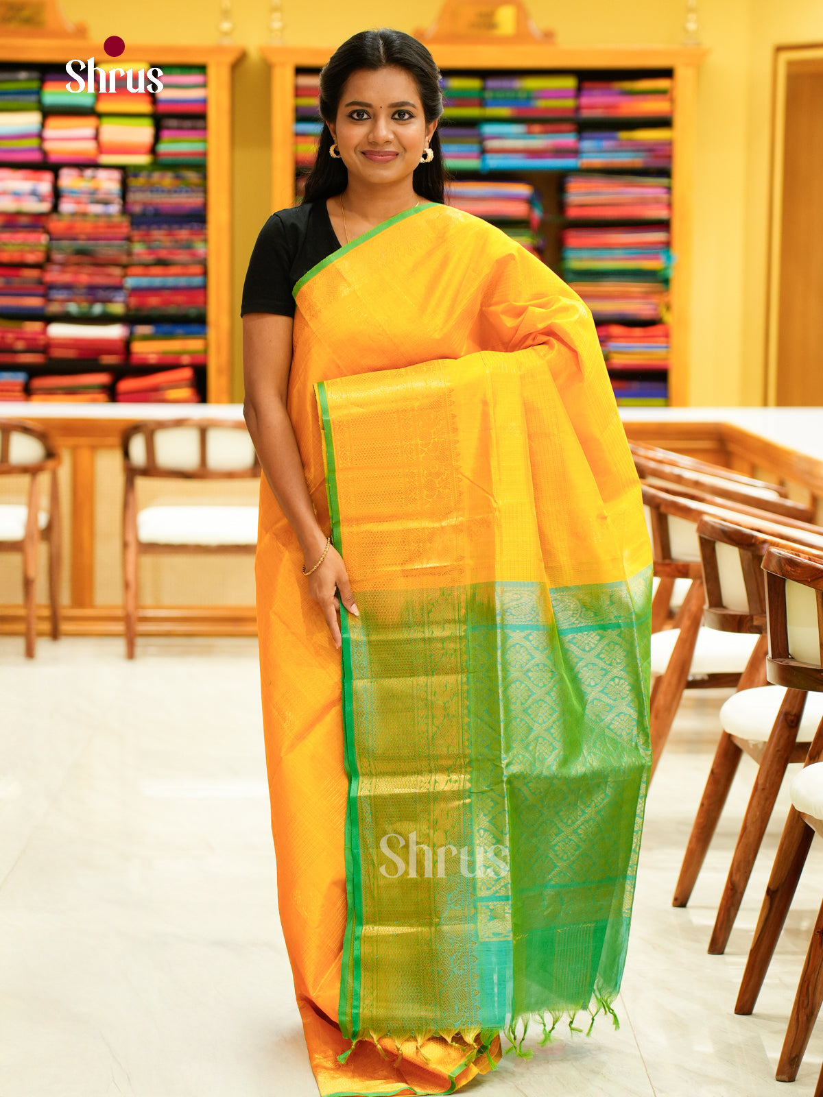 Glorious Yellow Silk Cotton Saree with Gold Lines, Buttas & Light Green Zari Pallu