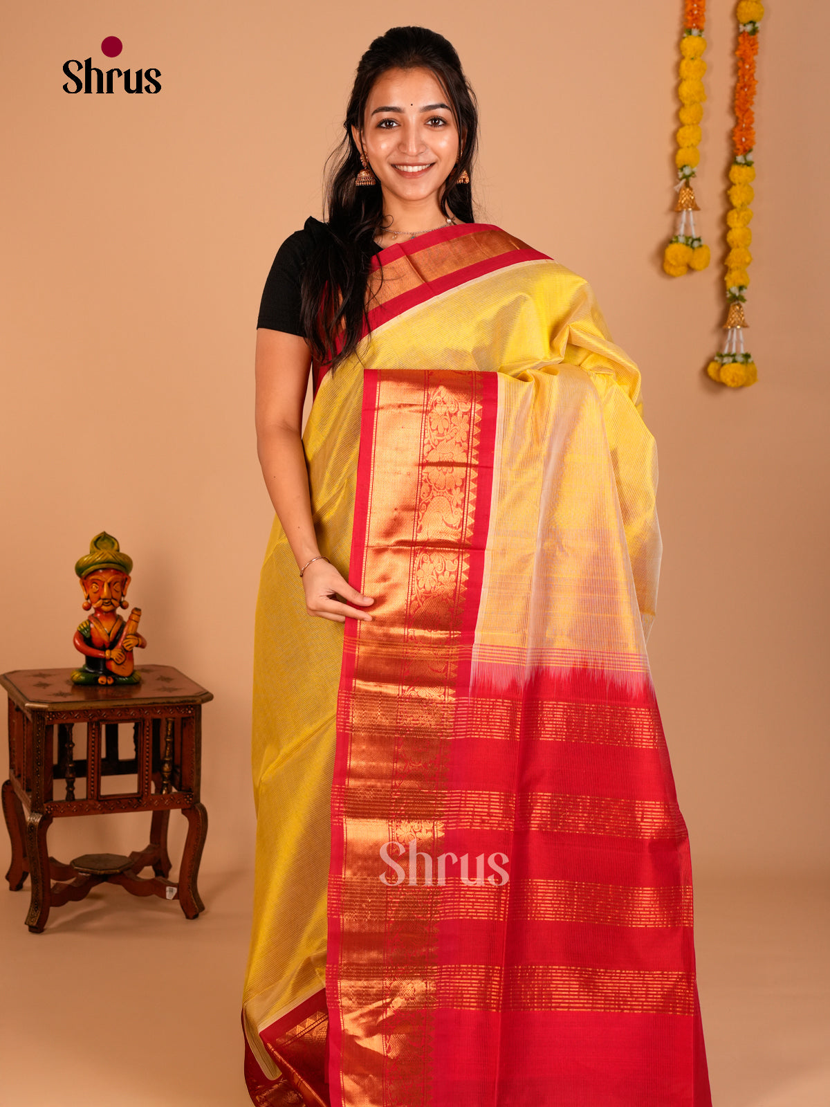Buy Grand Golden Pure Cotton Silk Saree With Intricate Stripes & Red Zari Woven Korvai Border