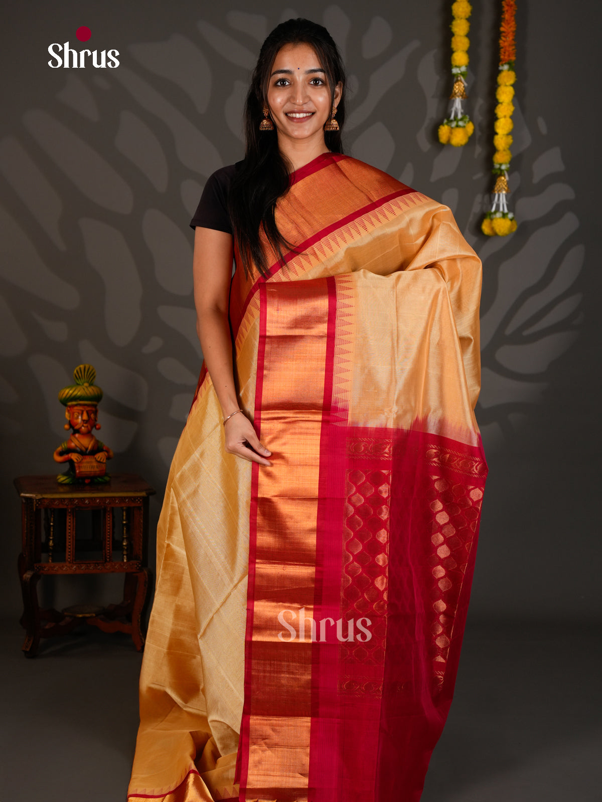 Buy Sheeny Golden Silk Cotton Saree with Red Temple Zari Border & Brocade Pallu