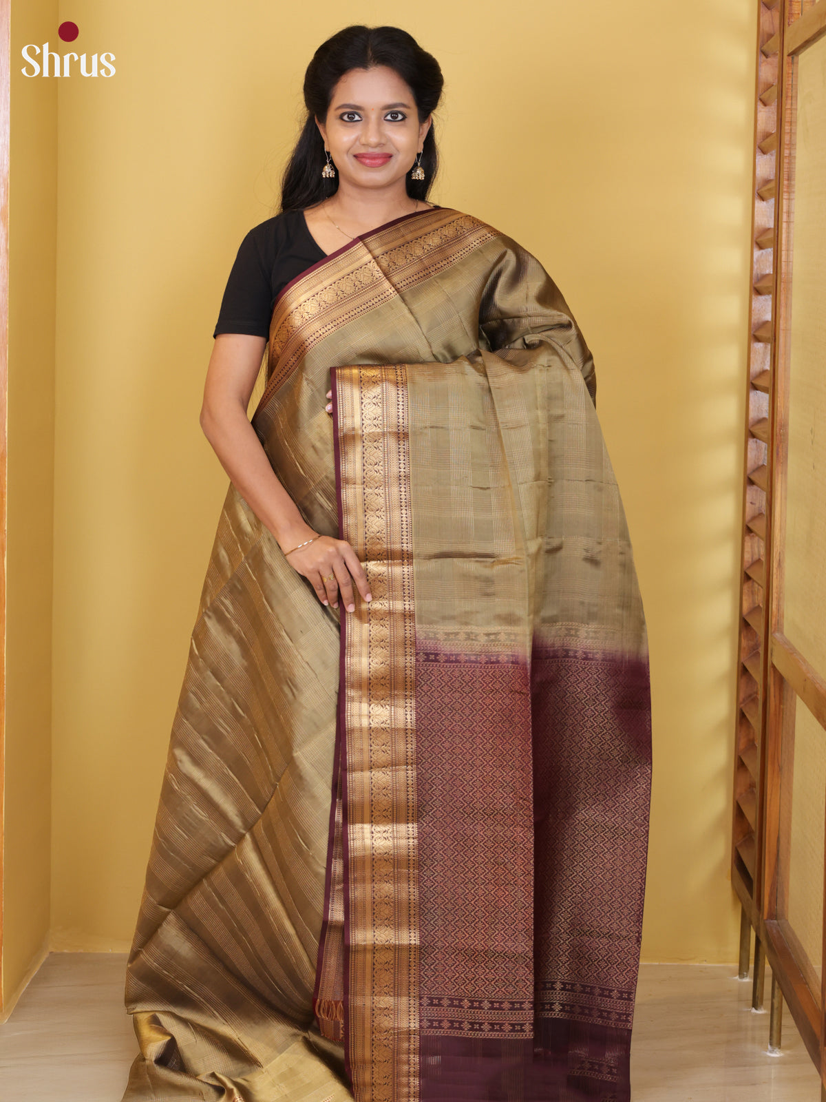 Buy Classic Golden Soft Silk Saree with Self Zari Checks Pattern, Wine Border & Brocade Pallu