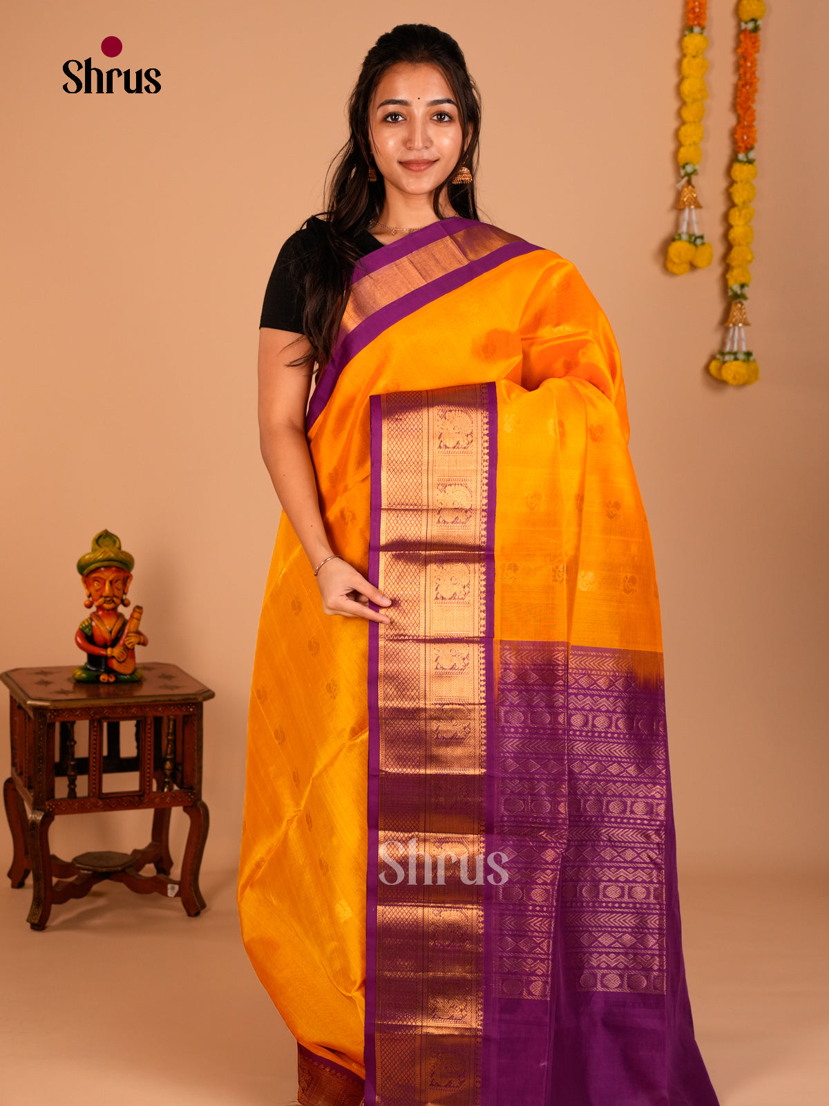 Buy Majestic Golden Yellow Cotton Silk Saree With Golden Buttas, Purple Korvai Border & Brocade Pallu