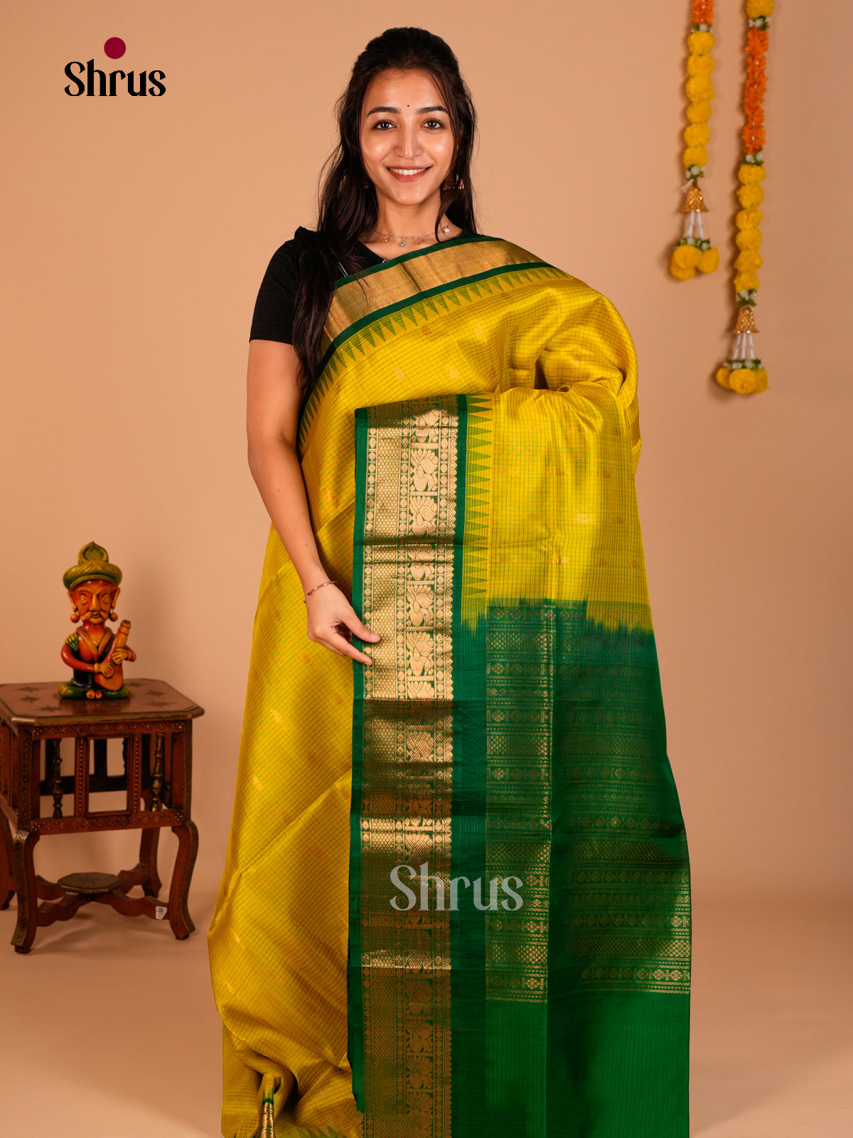 Buy Luminous Golden Yellow Soft Silk Saree with Micro checks,  Green Temple Border & Brocade Pallu