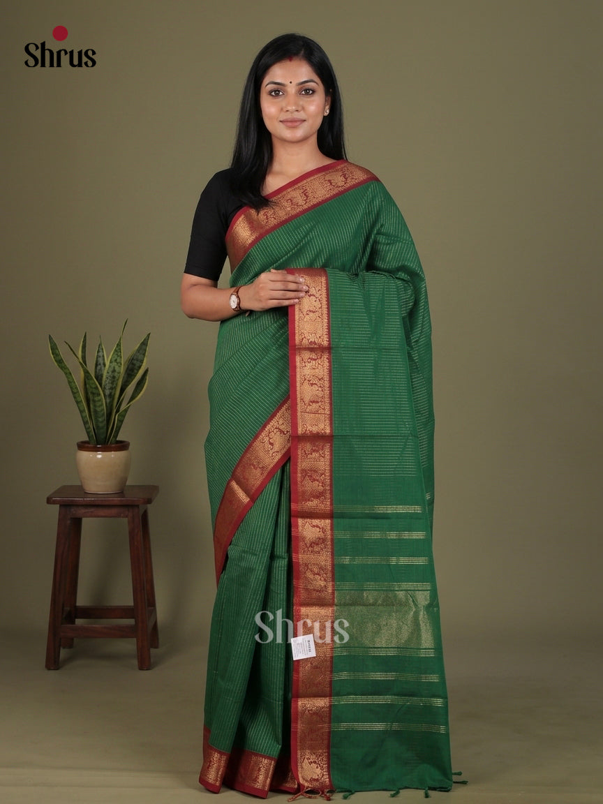 Gorgeous Green Chettinad Cotton Saree With Golden Stripes & Red Small Zari Border