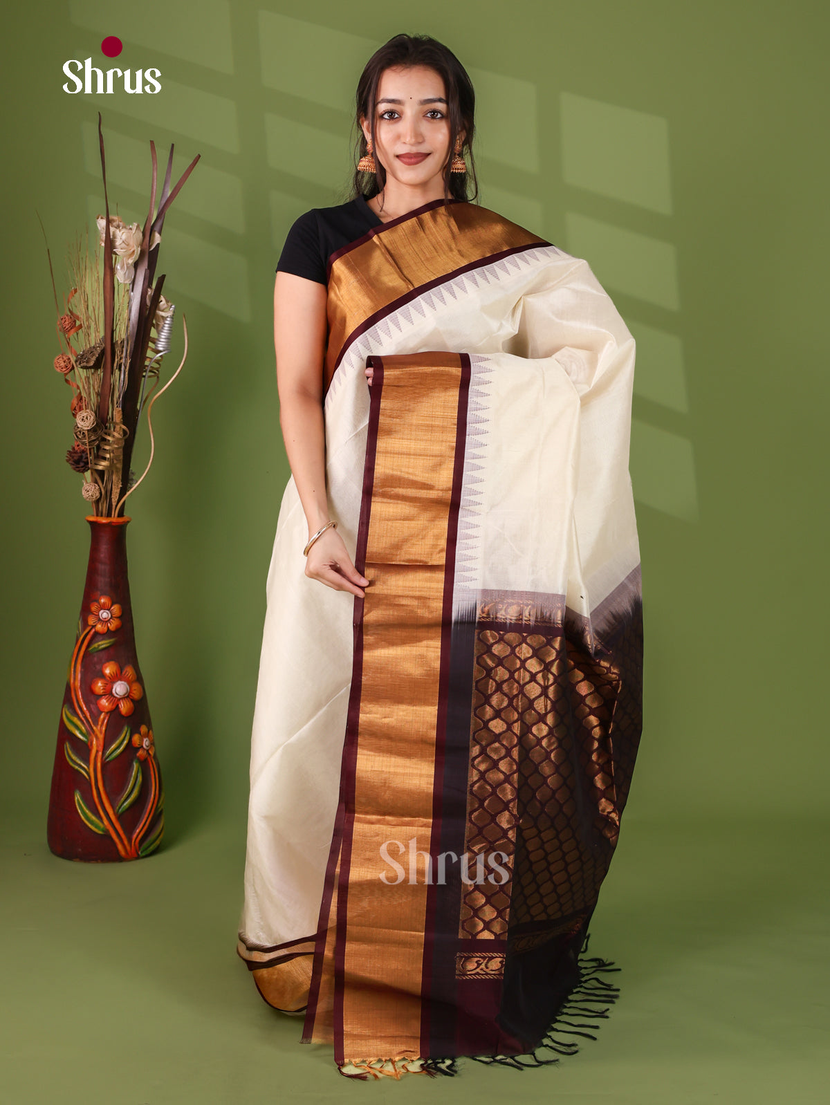 Gorgeous Ivory Cotton Silk Saree With Plain Body, Deep Maroon Kaddi Temple Zari Border & Brocade Pallu