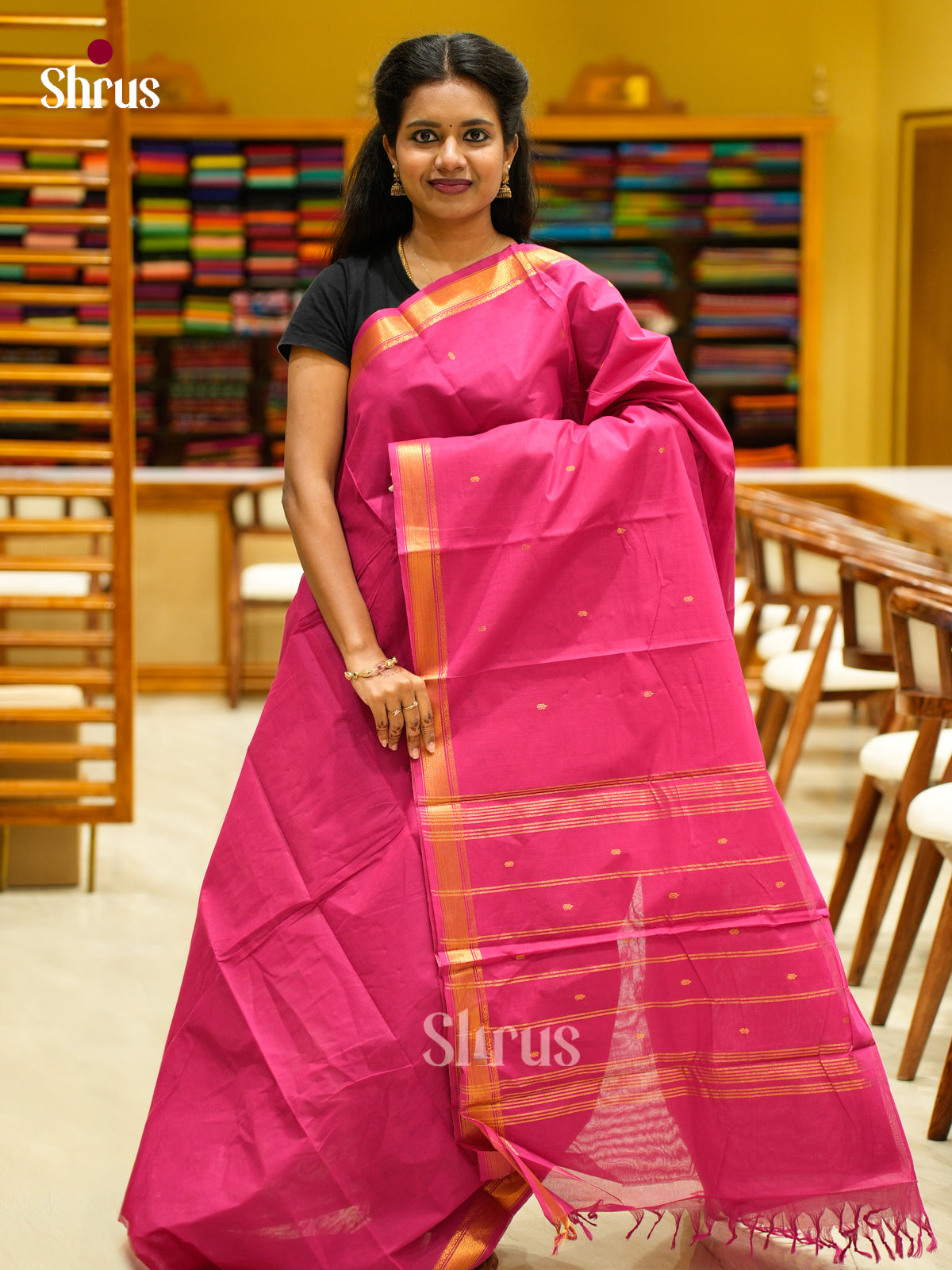 Gorgeous Pink Chettinad Cotton Saree With Small Buttas & Thin Zari Woven Border