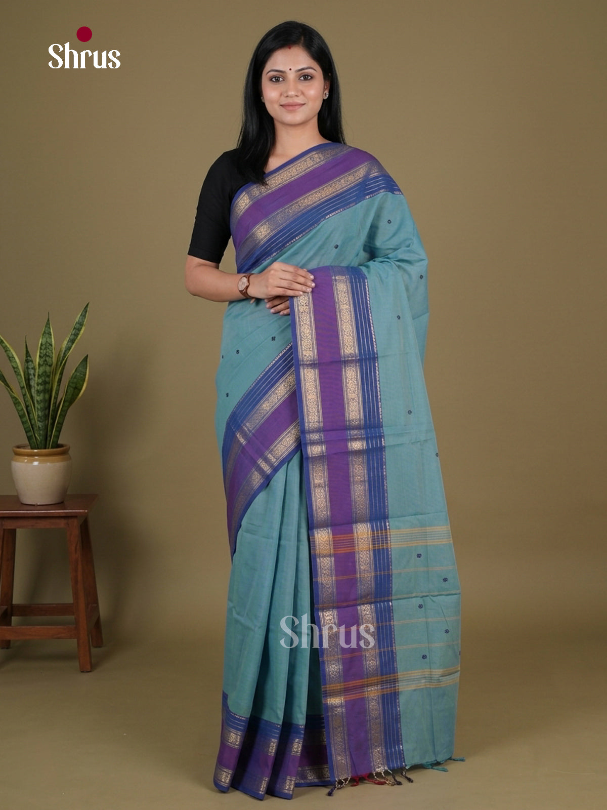 Chettinad Cotton Saree With Thread Buttas & Purple Rettapet Zari Border