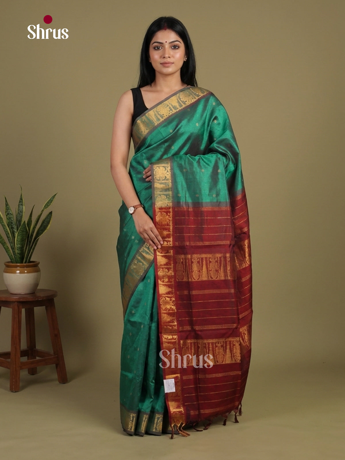 Graceful Green Silk Cotton Saree With Gold Buttas, Maroon Zari Border & Chit Pallu