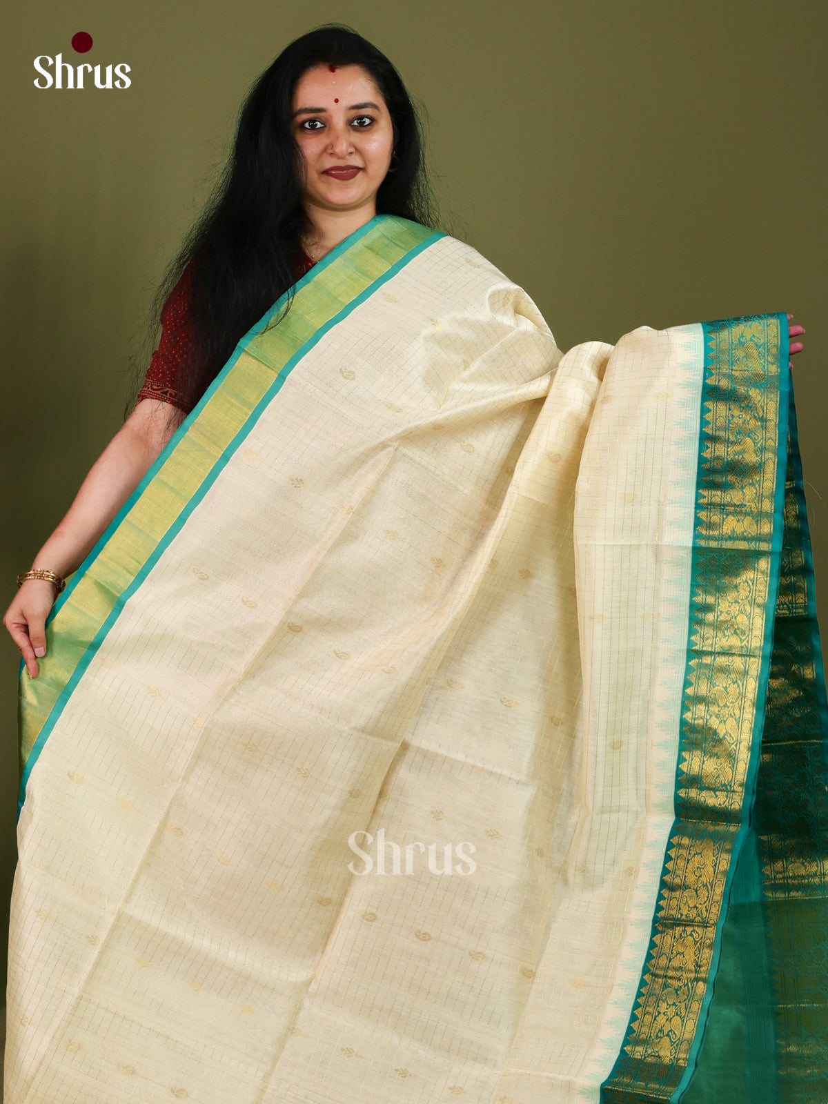 Graceful Off White Cotton Silk Saree With Fine Checks, Buttas & Turquoise Temple Zari Border 1