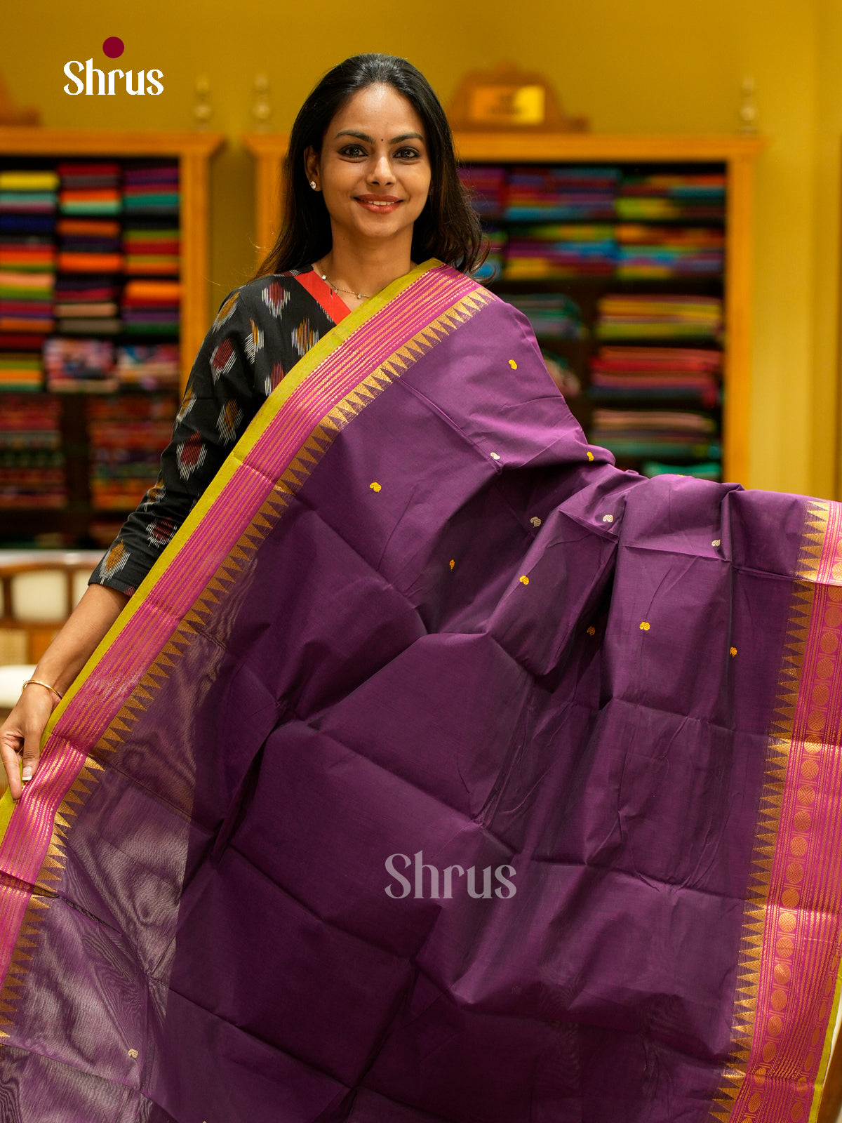 Graceful Purple Chettinad Saree With Thread Buttas & Pink Temple Zari Border