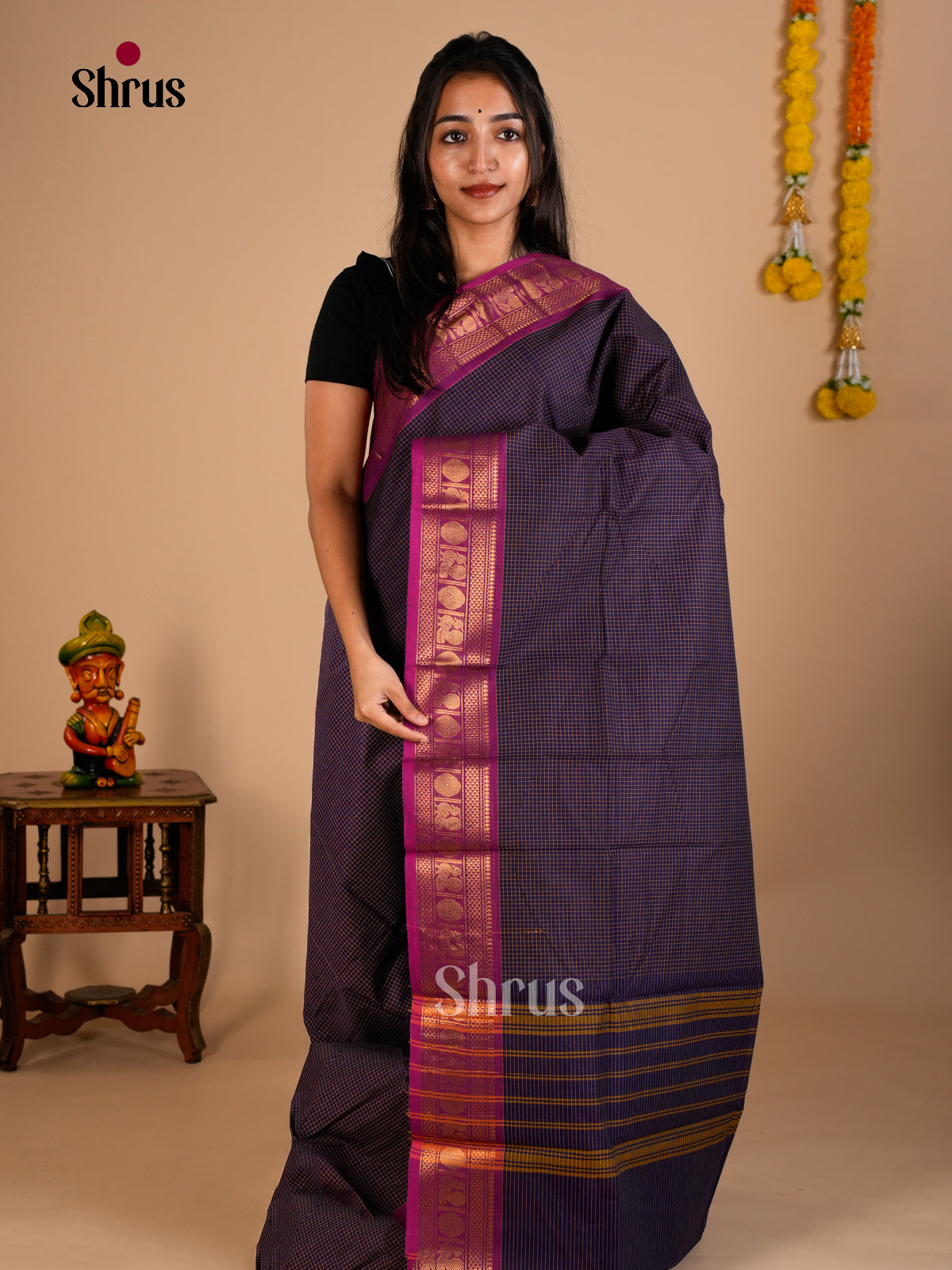 Grand Dark Purple Chettinad Cotton Saree With Intricate Thread Checks & Purple Zari Border