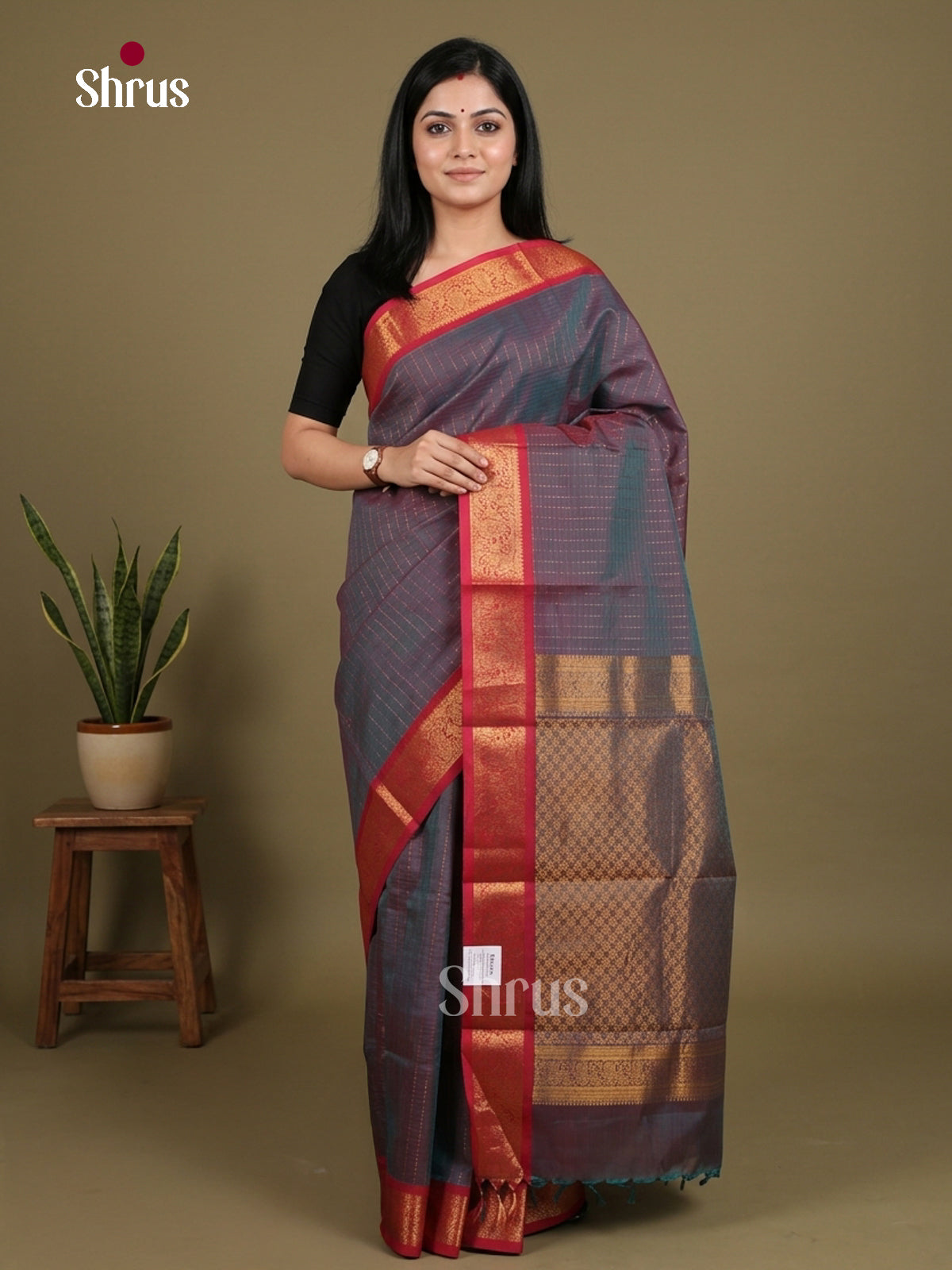 Grand Dual Tone Blue Chettinad Cotton Saree With Gold Stripes, Red Border & Brocade Pallu