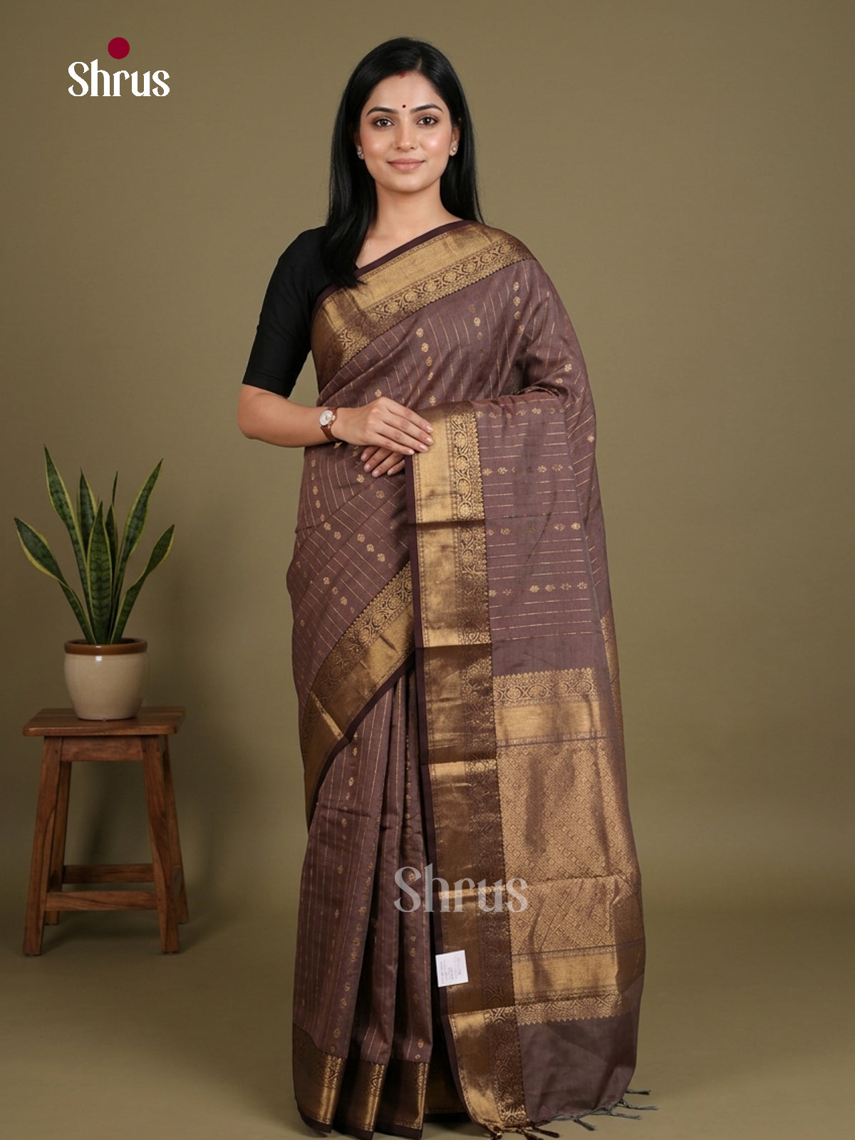 Grand Light Brown Chettinad Cotton Saree With Golden Stripes, Floral Buttas & Brocade Pallu