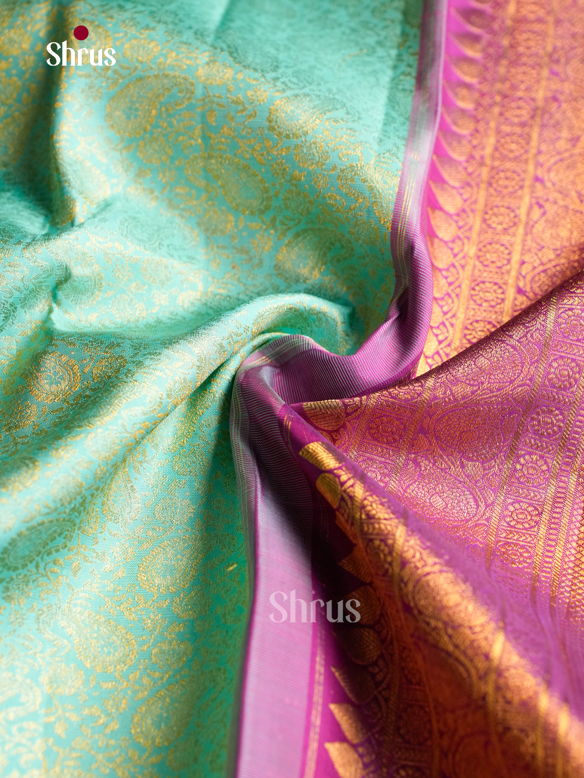 Grand Sea Green Kanchi Pattu Saree With Zari Paisley Brocade Jaal | Purple Broad Zari Border & Brocade Pallu