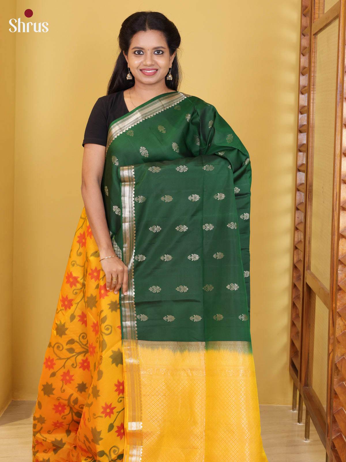 Buy Brilliant Green Half & Half Soft Silk Saree with Floral Buttas & Yellow Ikat Floral Nestling