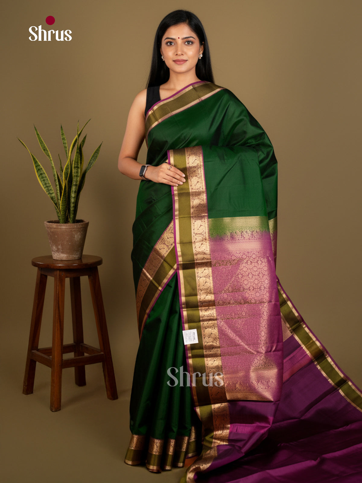 Buy Chic Green Kanchipuram Silk Saree with Plain Body, Rettaipet Zari Border & Purple Brocade Pallu