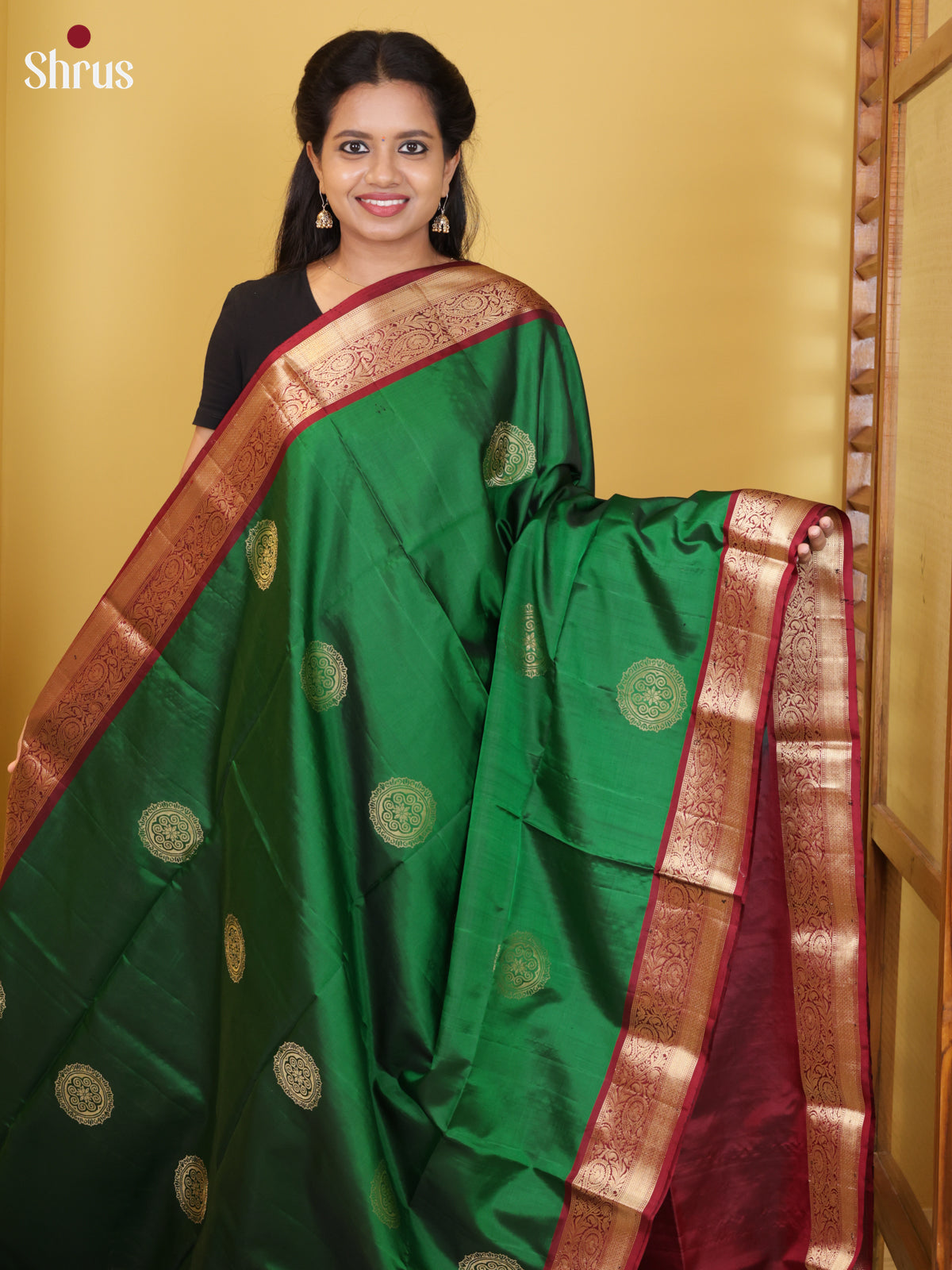 Buy Serene Green Pure Soft Silk Saree With Golden Mandala Motifs & Maroon Zari Woven Border & Pallu