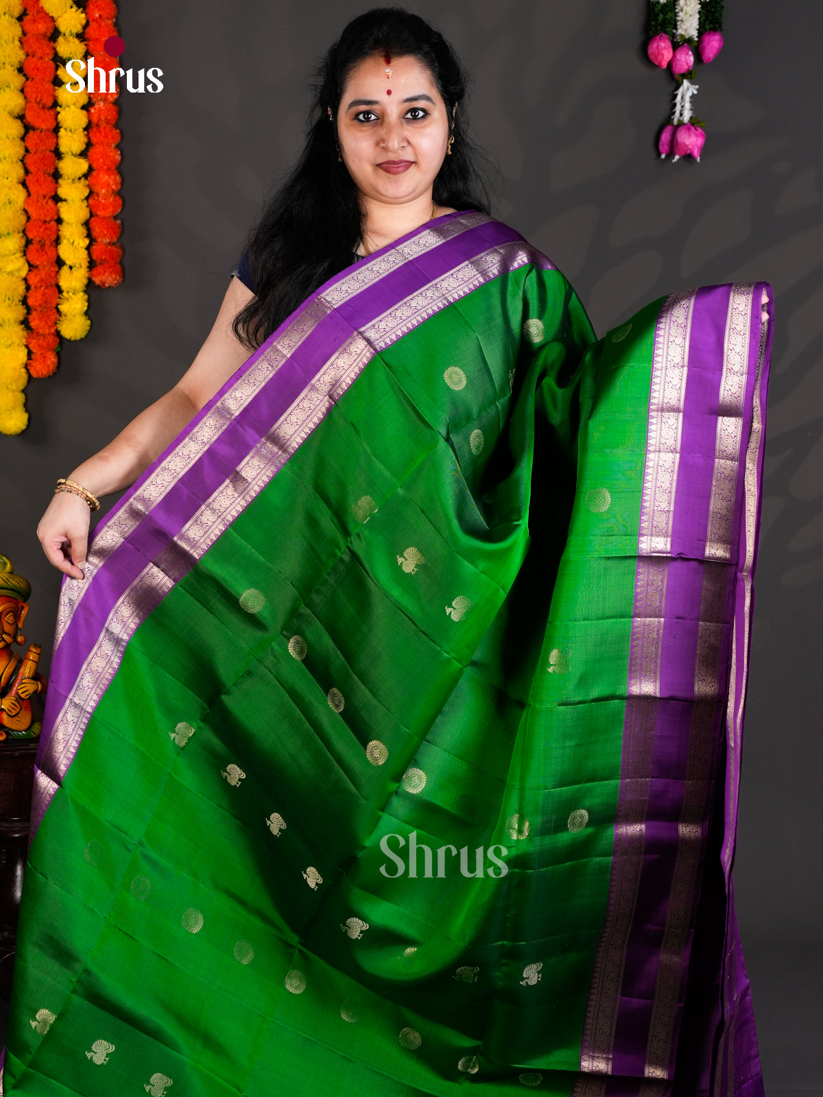 Buy Classy Green Pure Soft Silk Saree with Peacock & Floral Buttas And Purple Rettaipet Border
