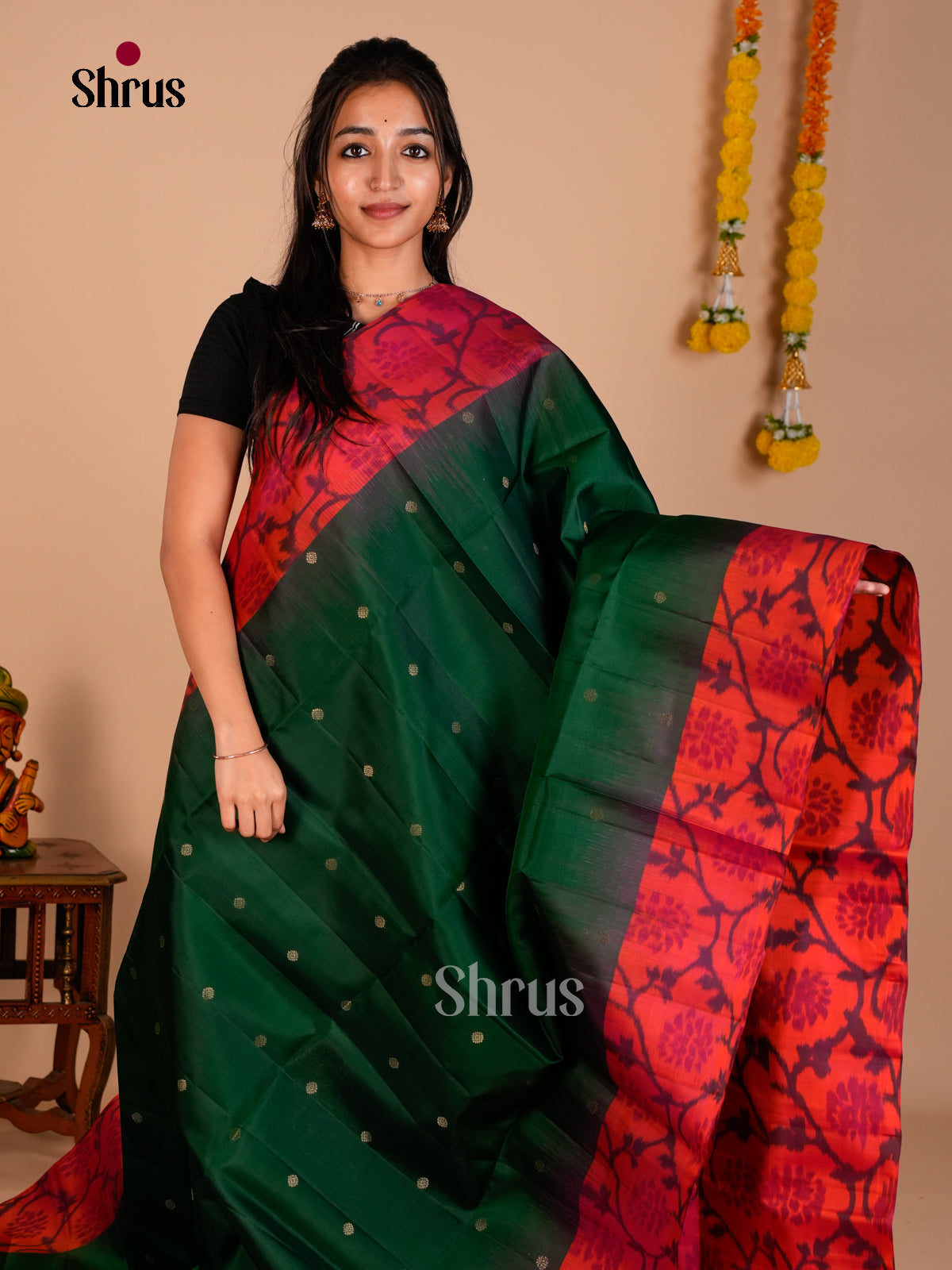 Buy Classic Green Pure Soft Silk Saree with Zari Buttas & Orange Floral Ikkat Border & Brocade Pallu