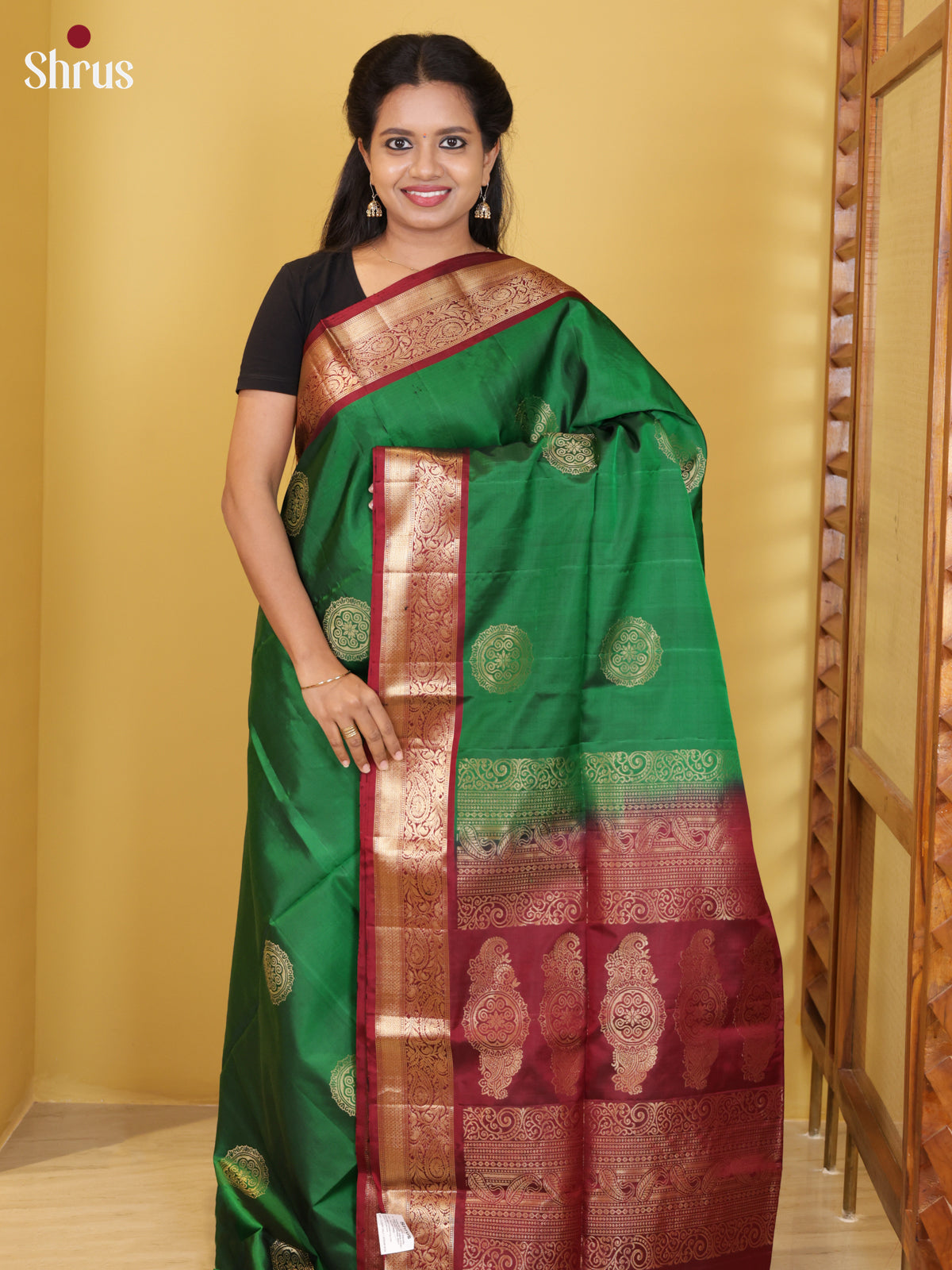 Buy Serene Green Soft Silk Saree With Golden Mandala Motifs & Maroon Zari Woven Border & Pallu