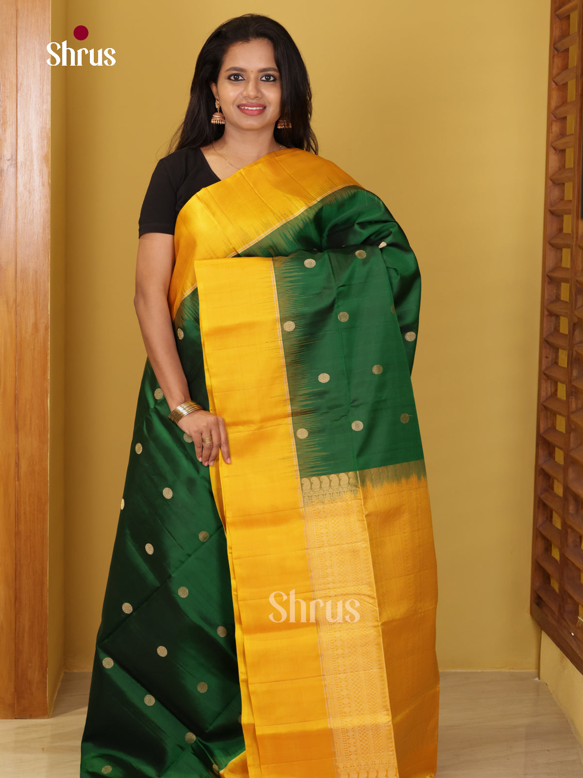 Buy Classy Green Soft Silk Saree with Golden Rudraksh Buttas, Yellow Border & Brocade Pallu