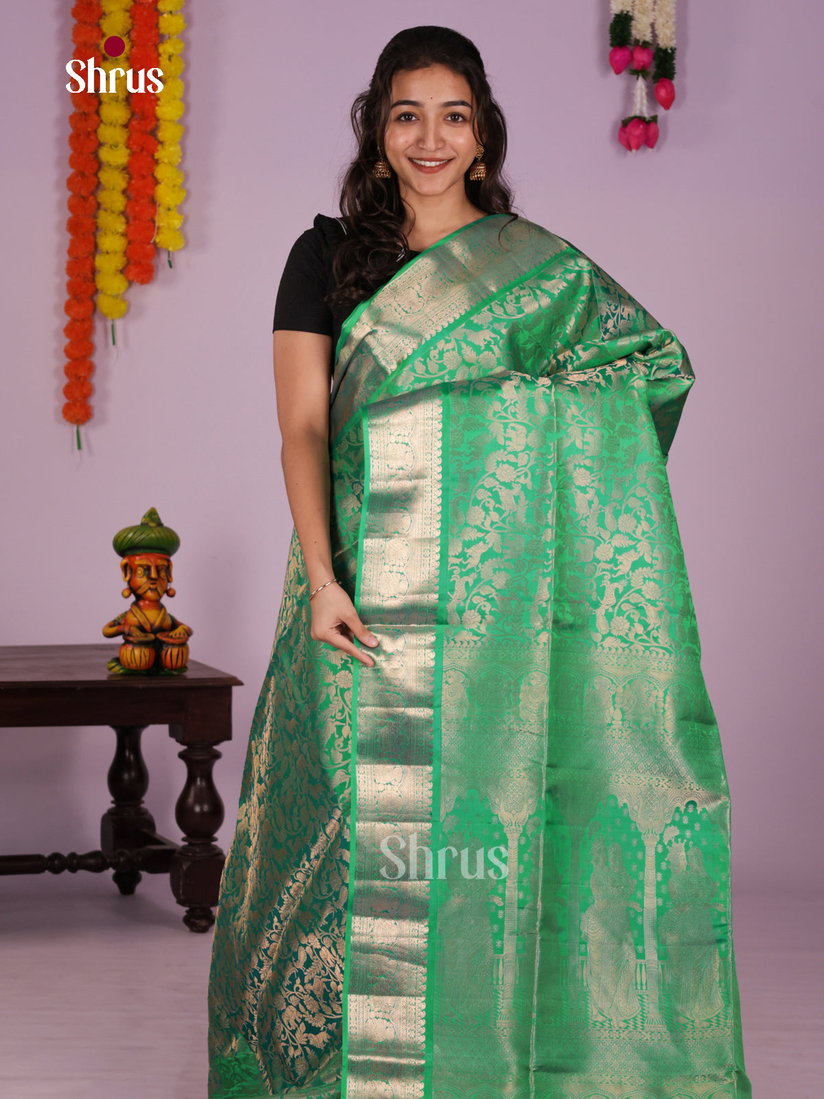 Buy Glimmering Green Soft Silk Saree with Vanashingaram Floral Zari Brocade & Rich Border