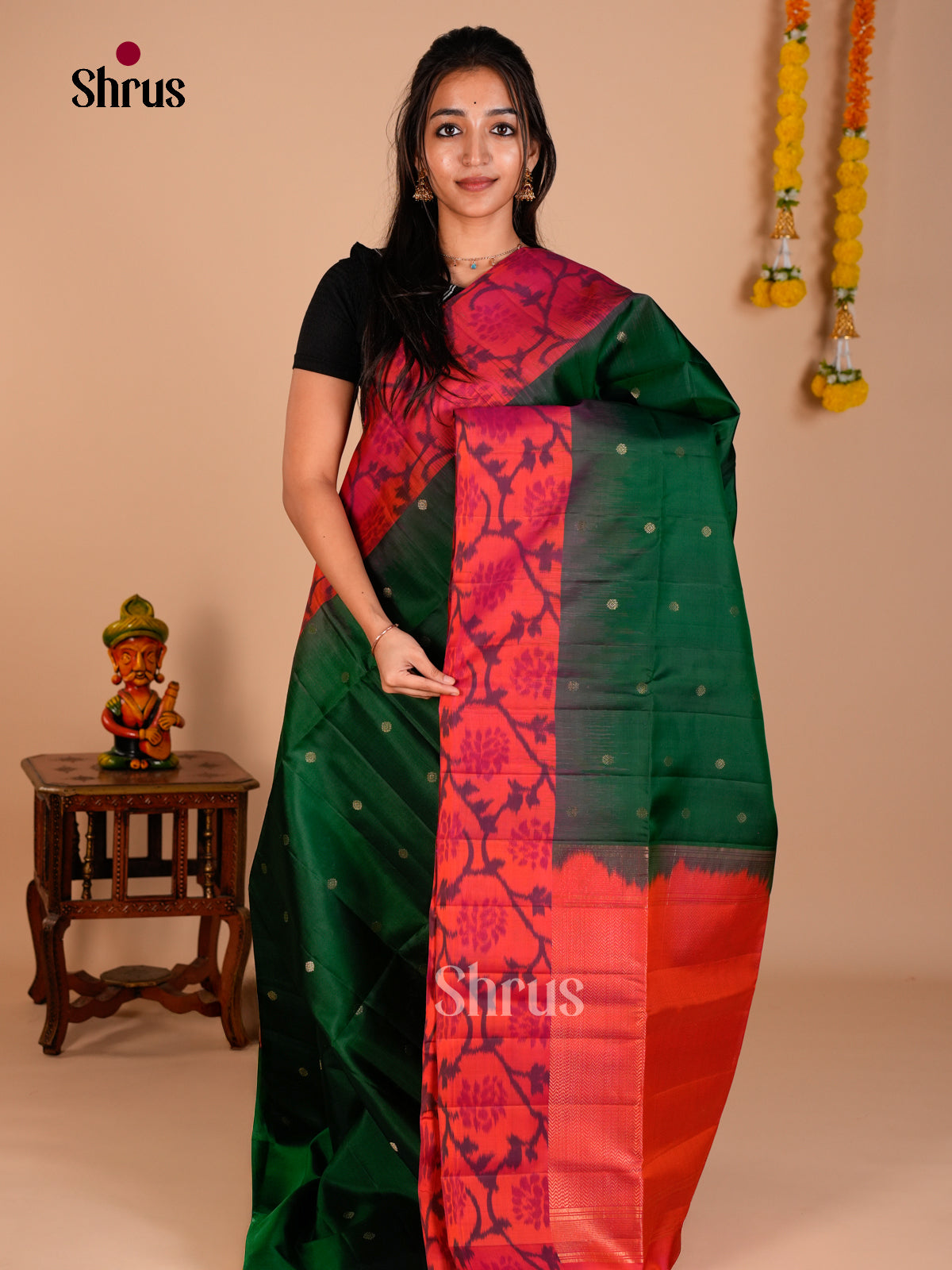 Buy Classic Green Soft Silk Saree with Zari Buttas & Orange Floral Ikkat Border & Brocade Pallu