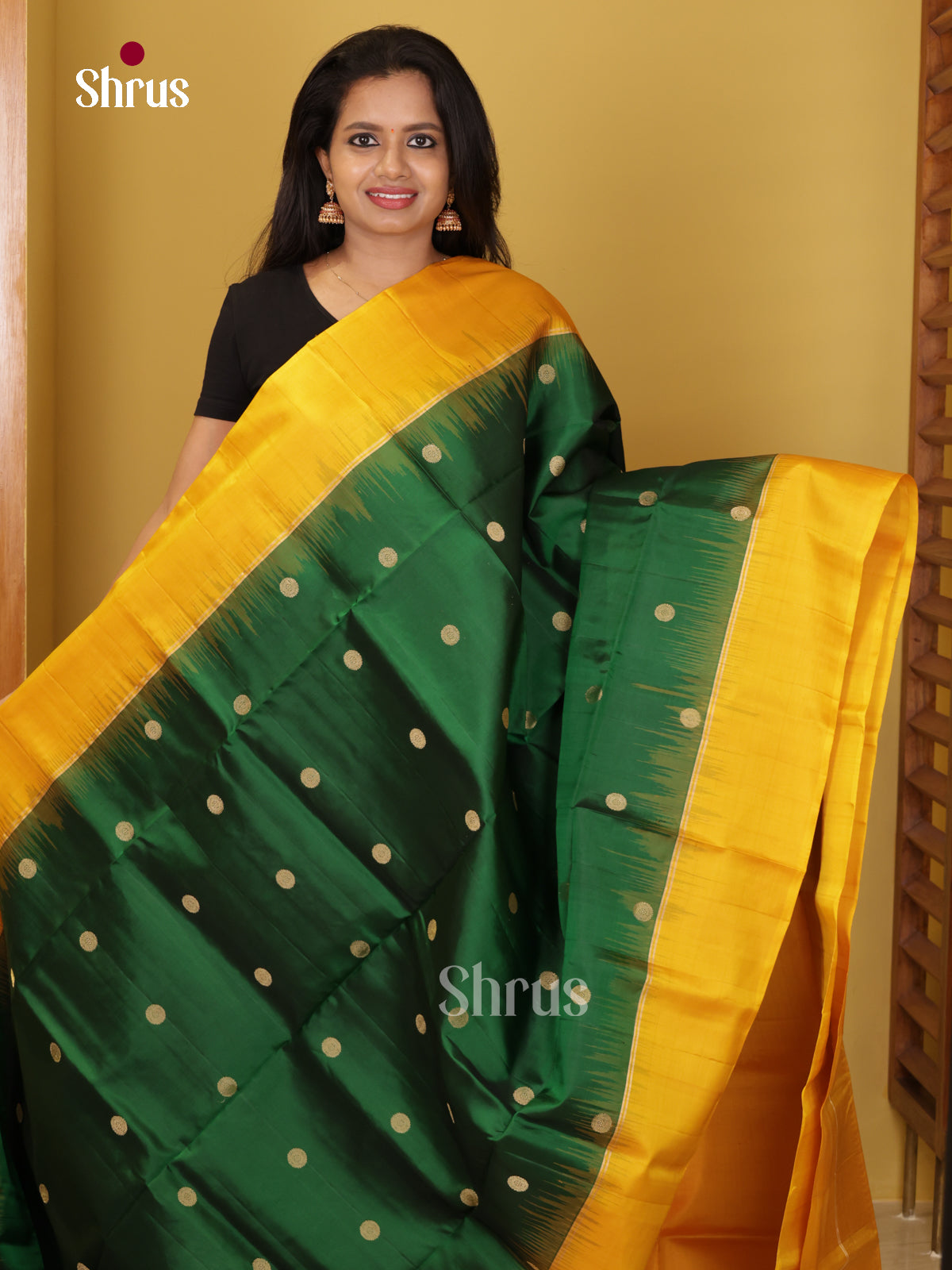 Buy Classy Green Soft Silk Sarees with Golden Rudraksh Buttas, Yellow Border & Brocade Pallu