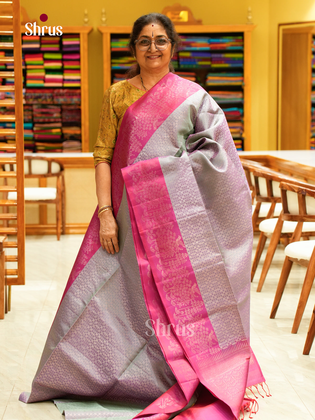 Grey Soft Silk Saree with Brocade | Pink Contrast Border 