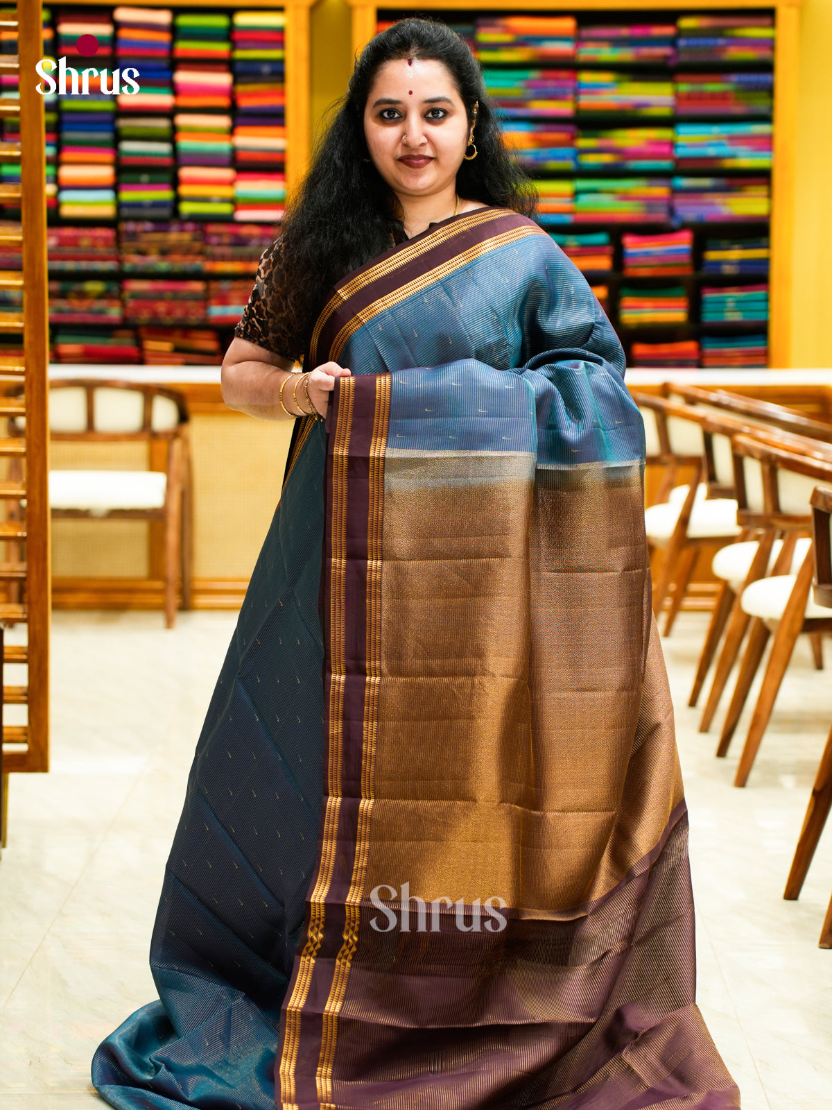 Unique Greyish Blue Halfpure Kanchipuram Saree With Small Buttas & Brown Rettaipet Border