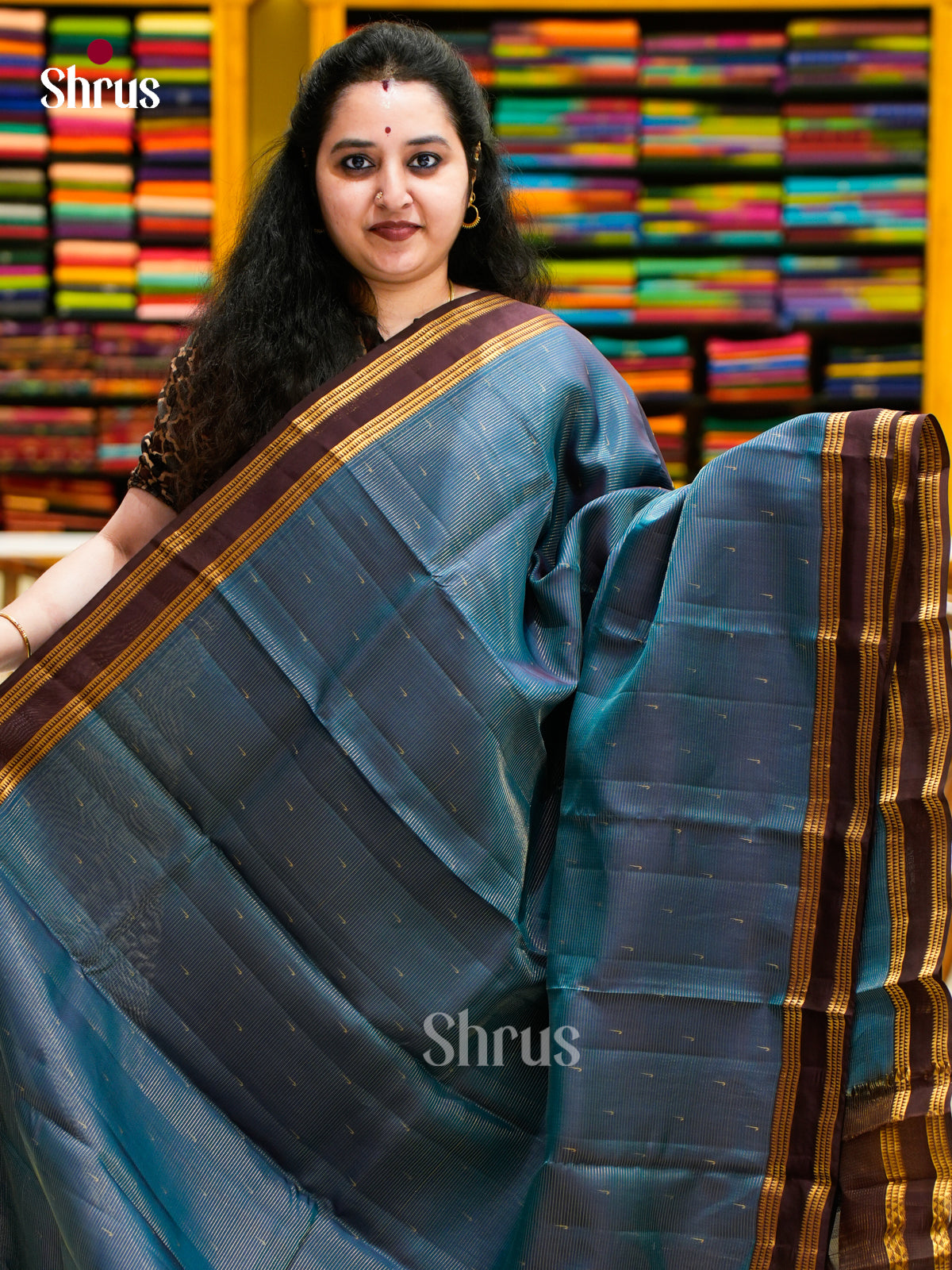 Unique Greyish Blue Halfpure Kanchipuram Sarees With Small Buttas & Brown Rettaipet Border