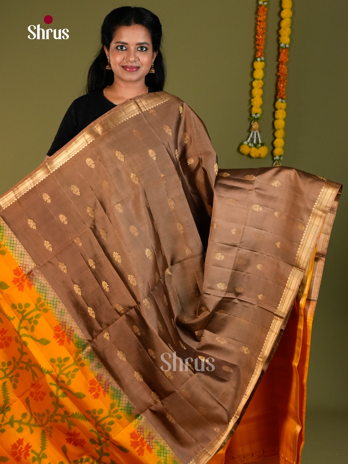 Chic Half & Half Soft Silk Sarees In Fawn With Gold Buttas, Ikkat Design & Yellow Brocade Pallu