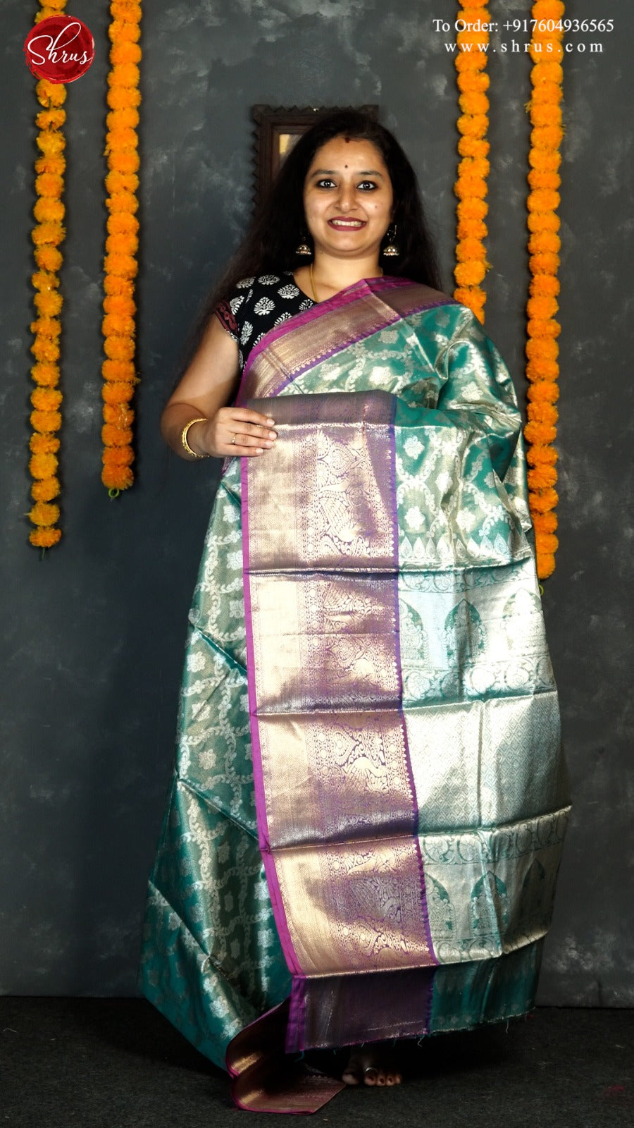 Teal Green & Purple - Tissue Banarasi with zari brocade on the body and zari border - Shop on ShrusEternity.com