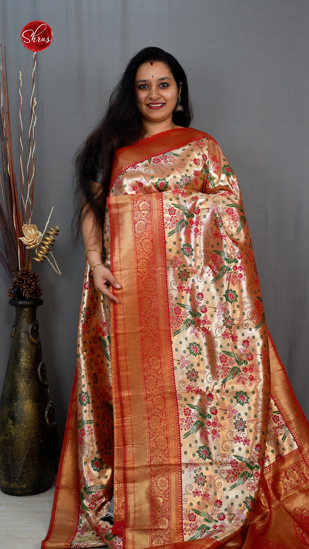 Gold & Red - Semi Tissue Saree with Gold zari borders and floral zari & thread work on the body - Shop on ShrusEternity.com