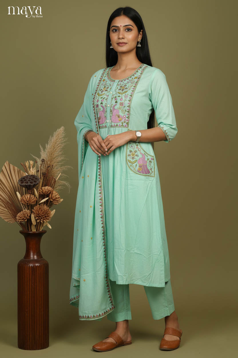 Teal Green - floral embroidered Readymade 3 Piece Salwar Suit
