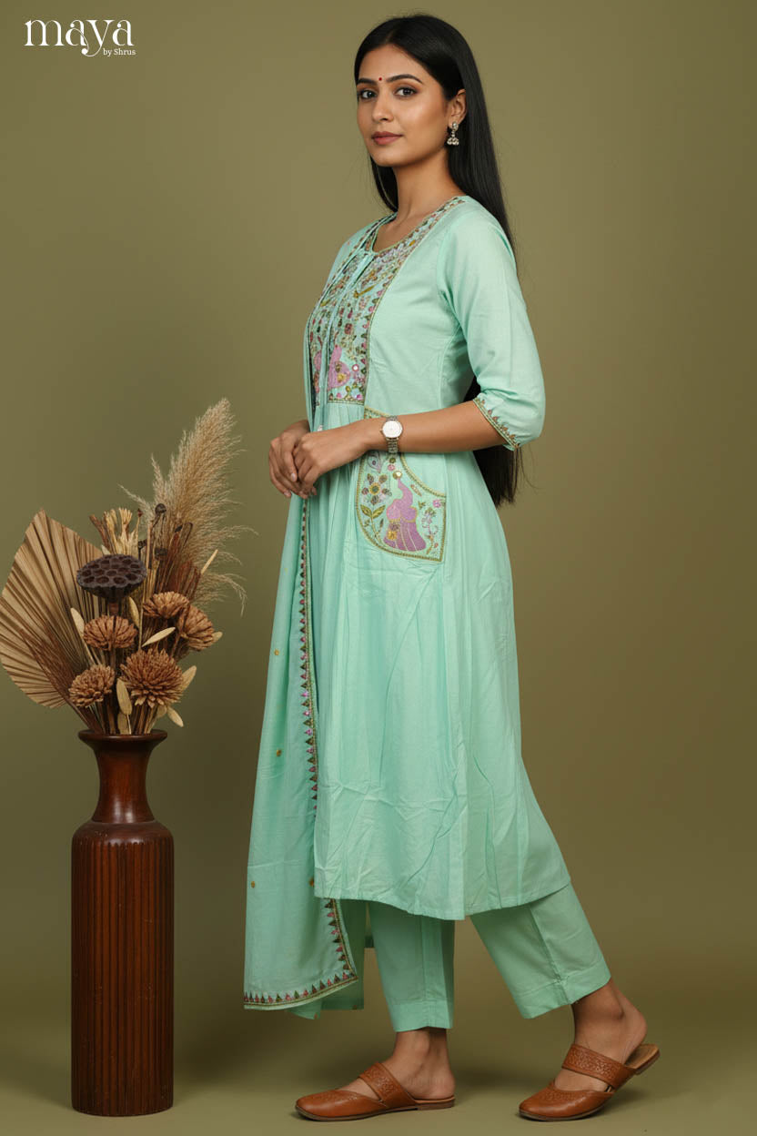 Teal Green - floral embroidered Readymade 3 Piece Salwar Suit