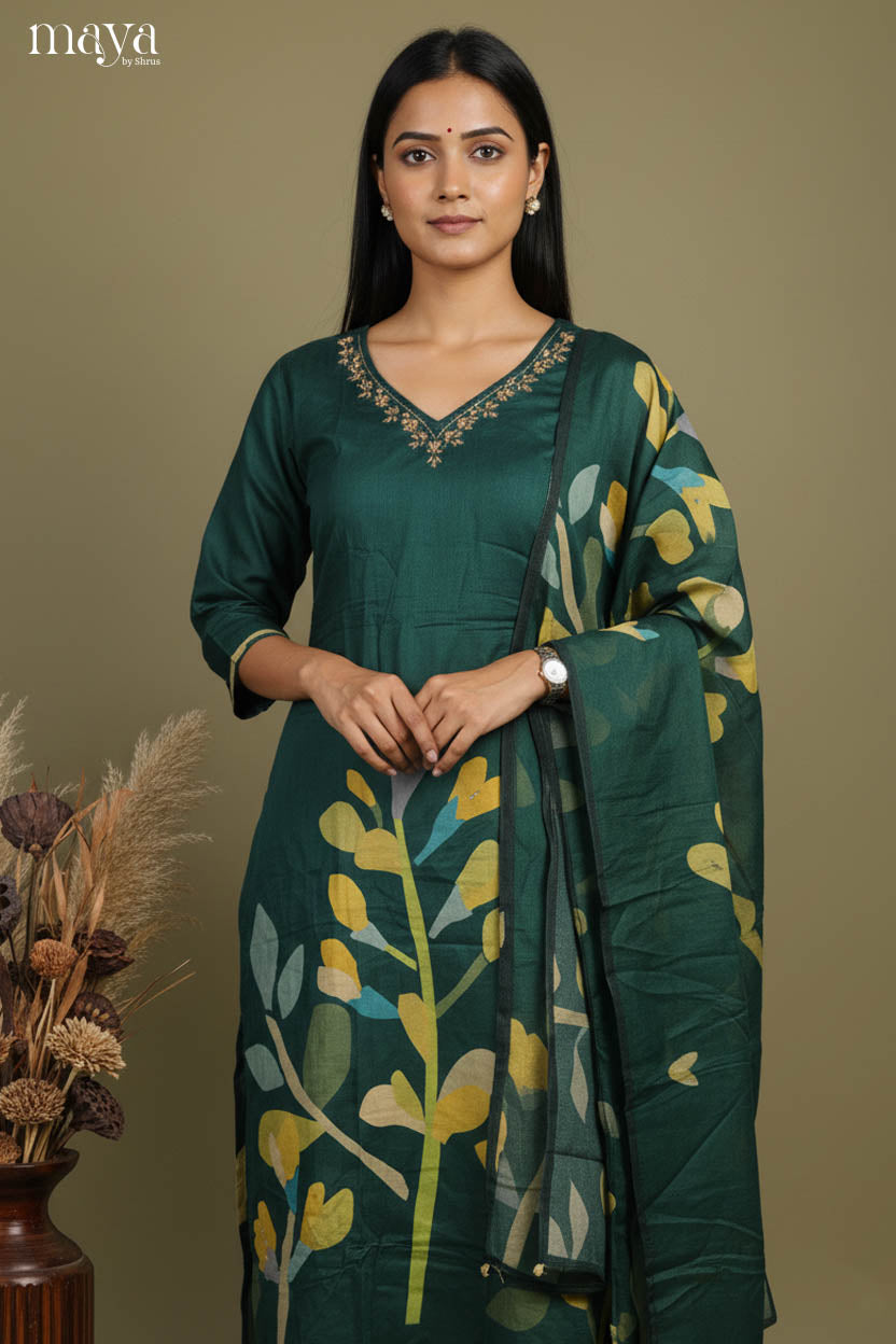 Green - Floral printed Readymade 3 Piece Salwar Suit