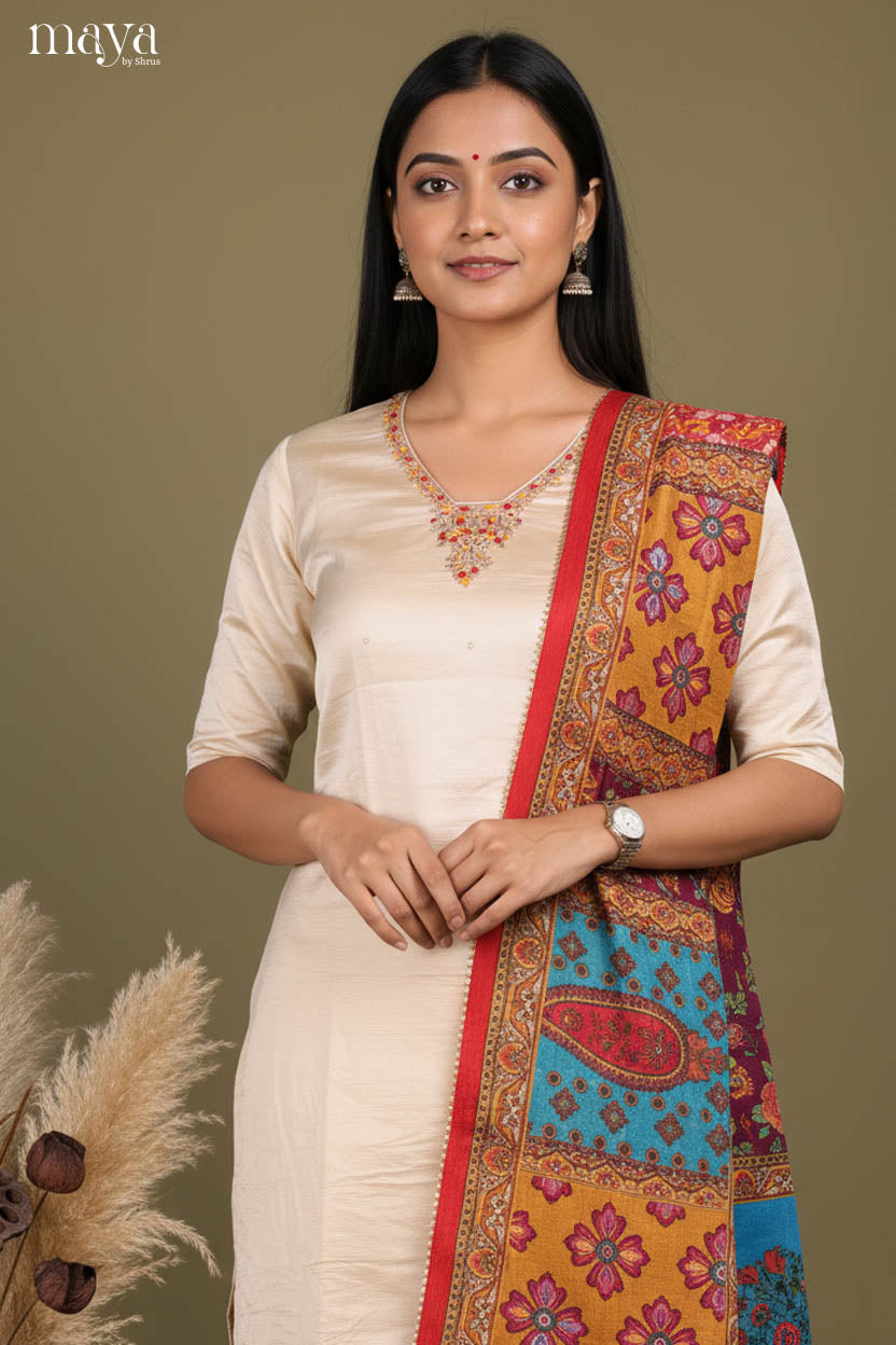 Cream & Red-Party Wear Readymade 3 Piece Salwar Suit