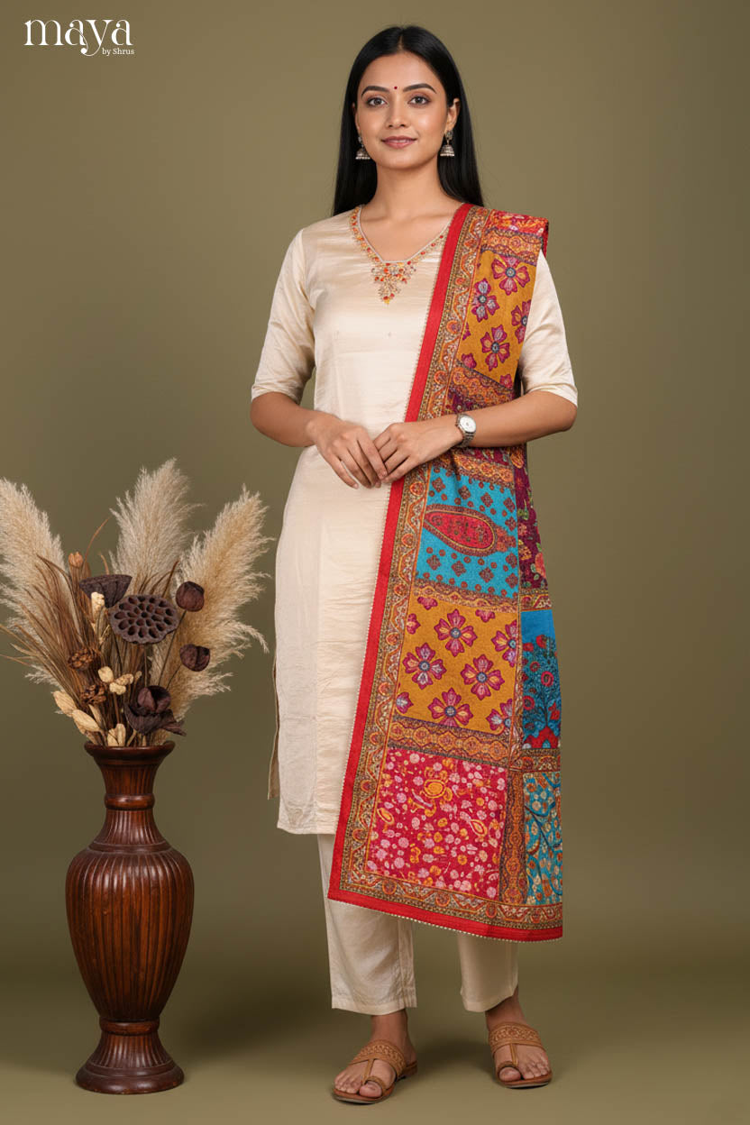 Cream & Red-Party Wear Readymade 3 Piece Salwar Suit