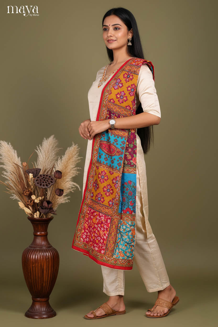 Cream & Red-Party Wear Readymade 3 Piece Salwar Suit