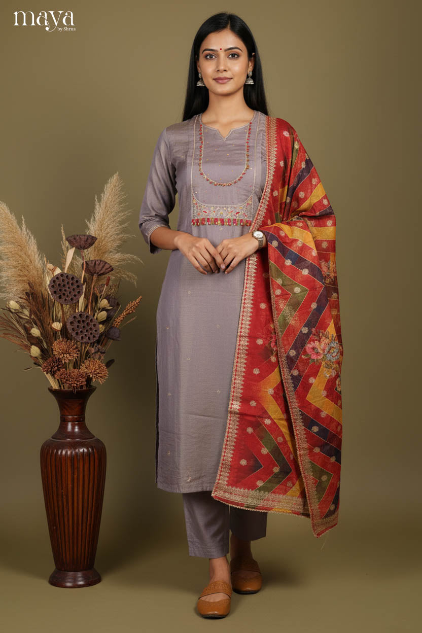 Grey & Red - Party Wear Readymade 3 Piece Salwar Suit
