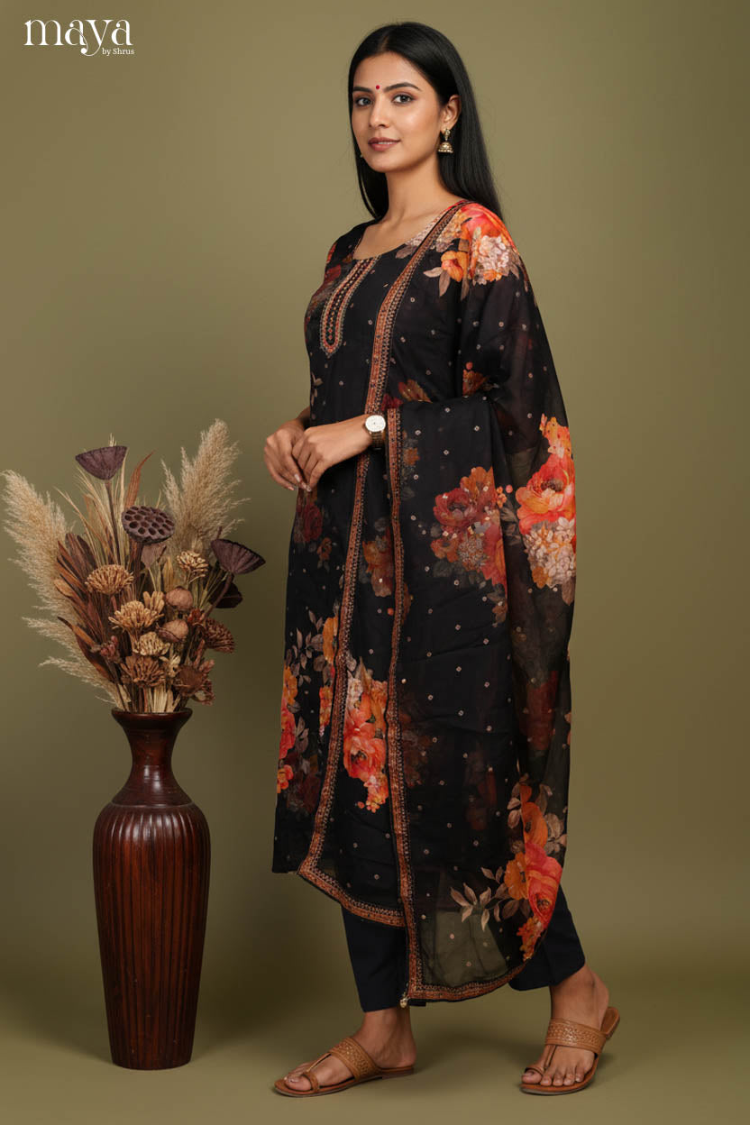 Black- Floral printed Readymade 3 Piece Salwar Suit