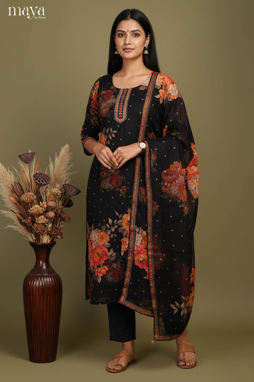 Black- Floral printed Readymade 3 Piece Salwar Suit