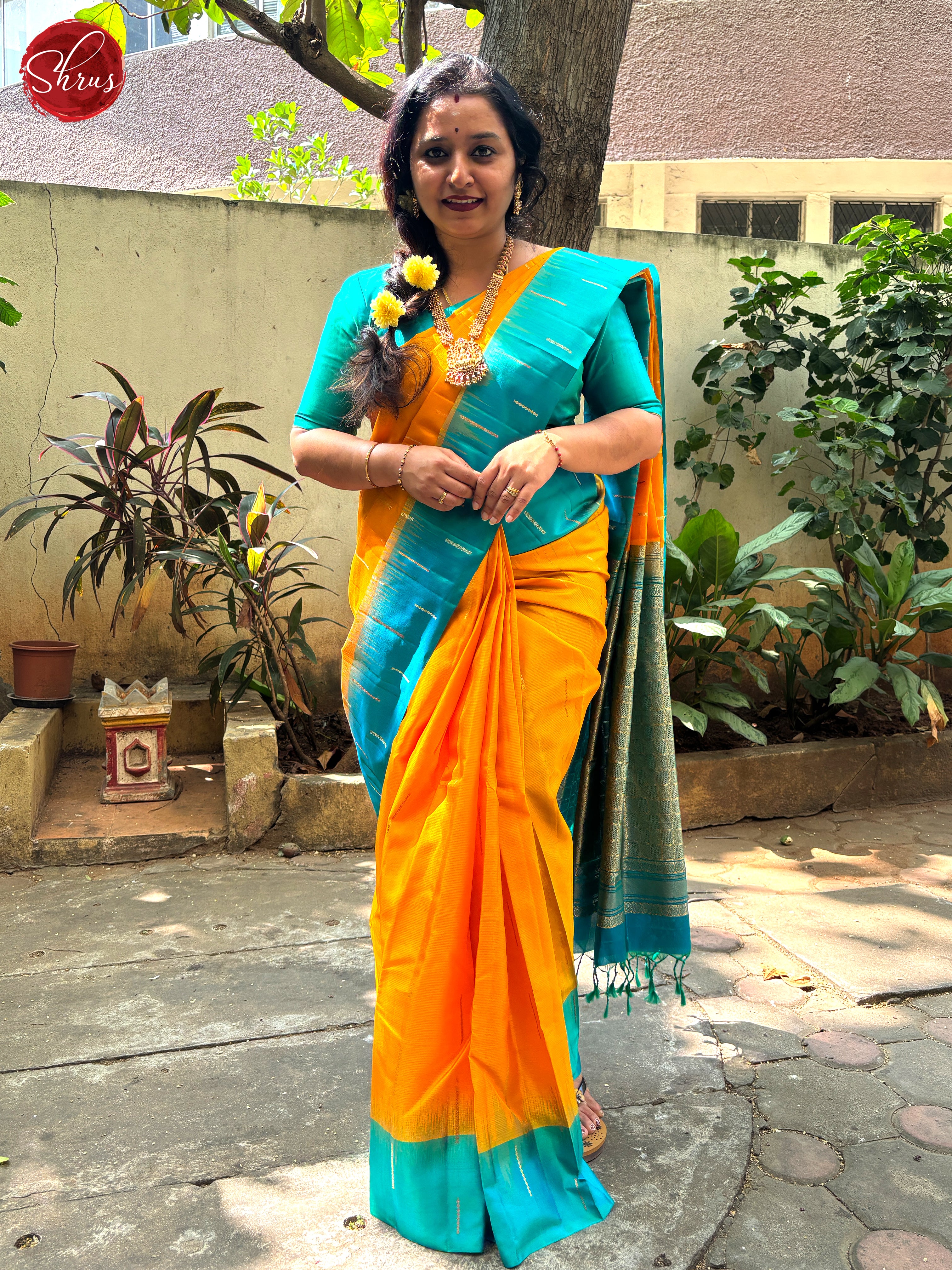 Mango Yellow And Teal  - Soft Silk Saree - Shop on ShrusEternity.com