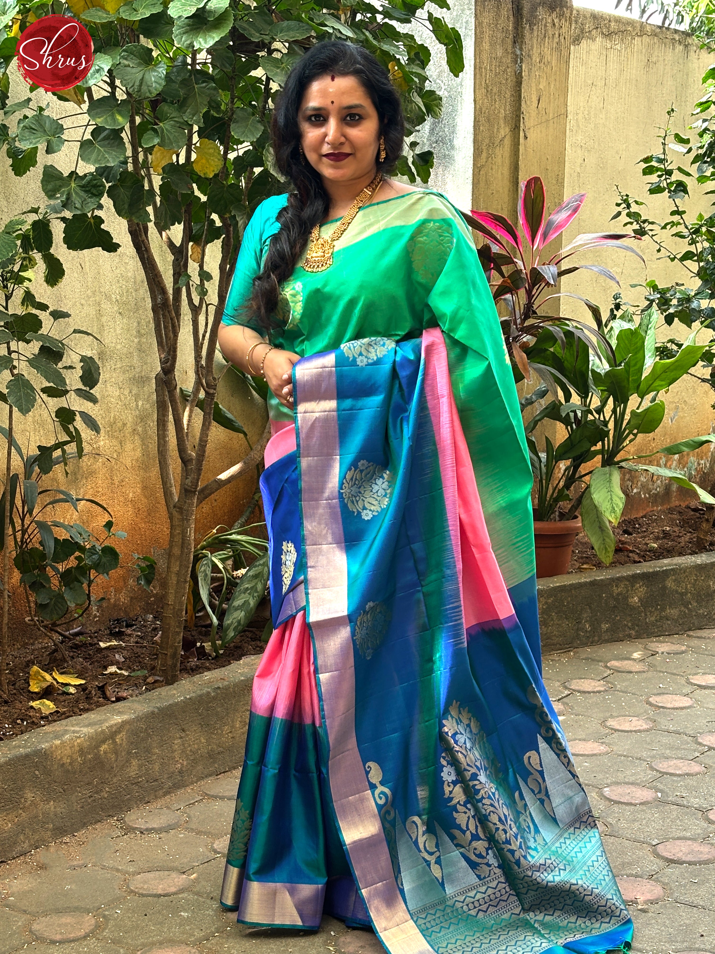 Green , Pink , Blue - Soft silk Saree - Shop on ShrusEternity.com