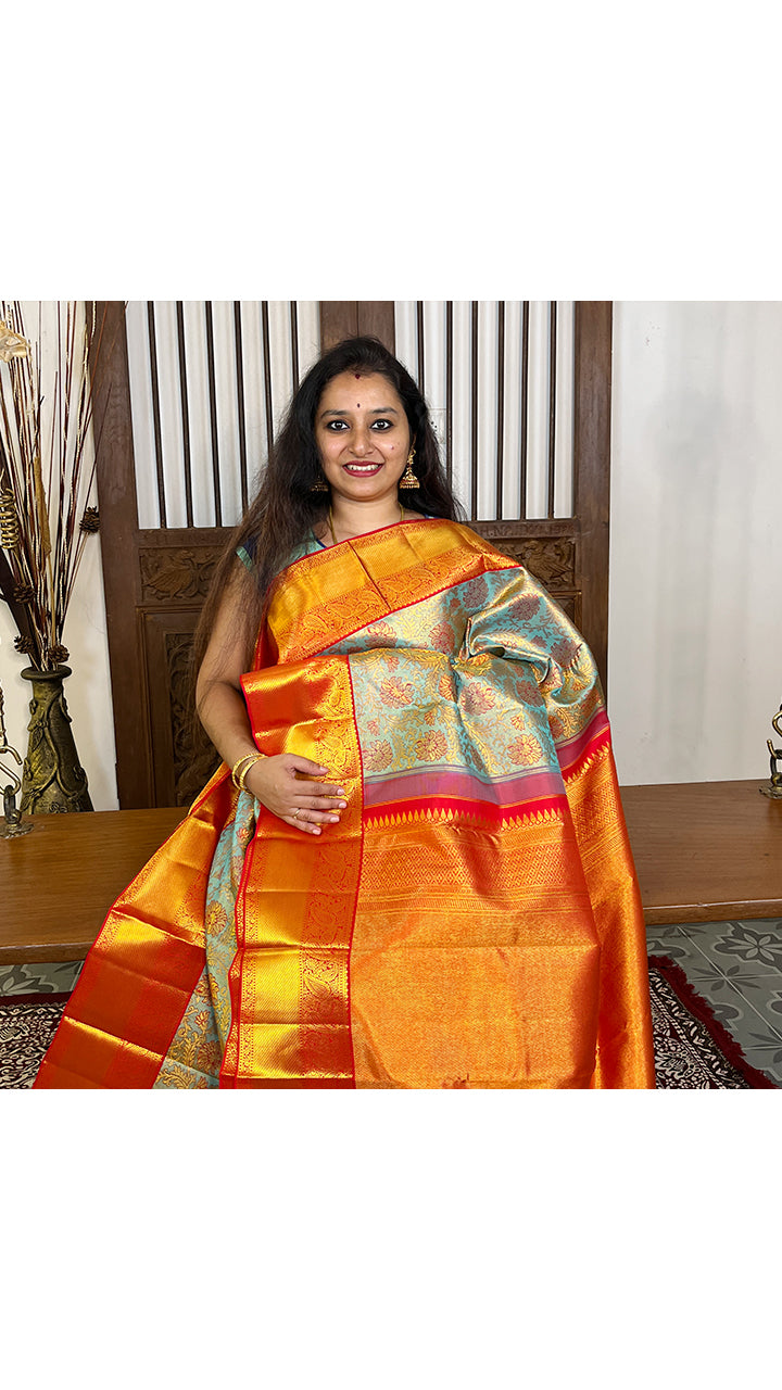 Blueish Grey and Orange  - Kanchipuram Silk Saree - Shop on ShrusEternity.com