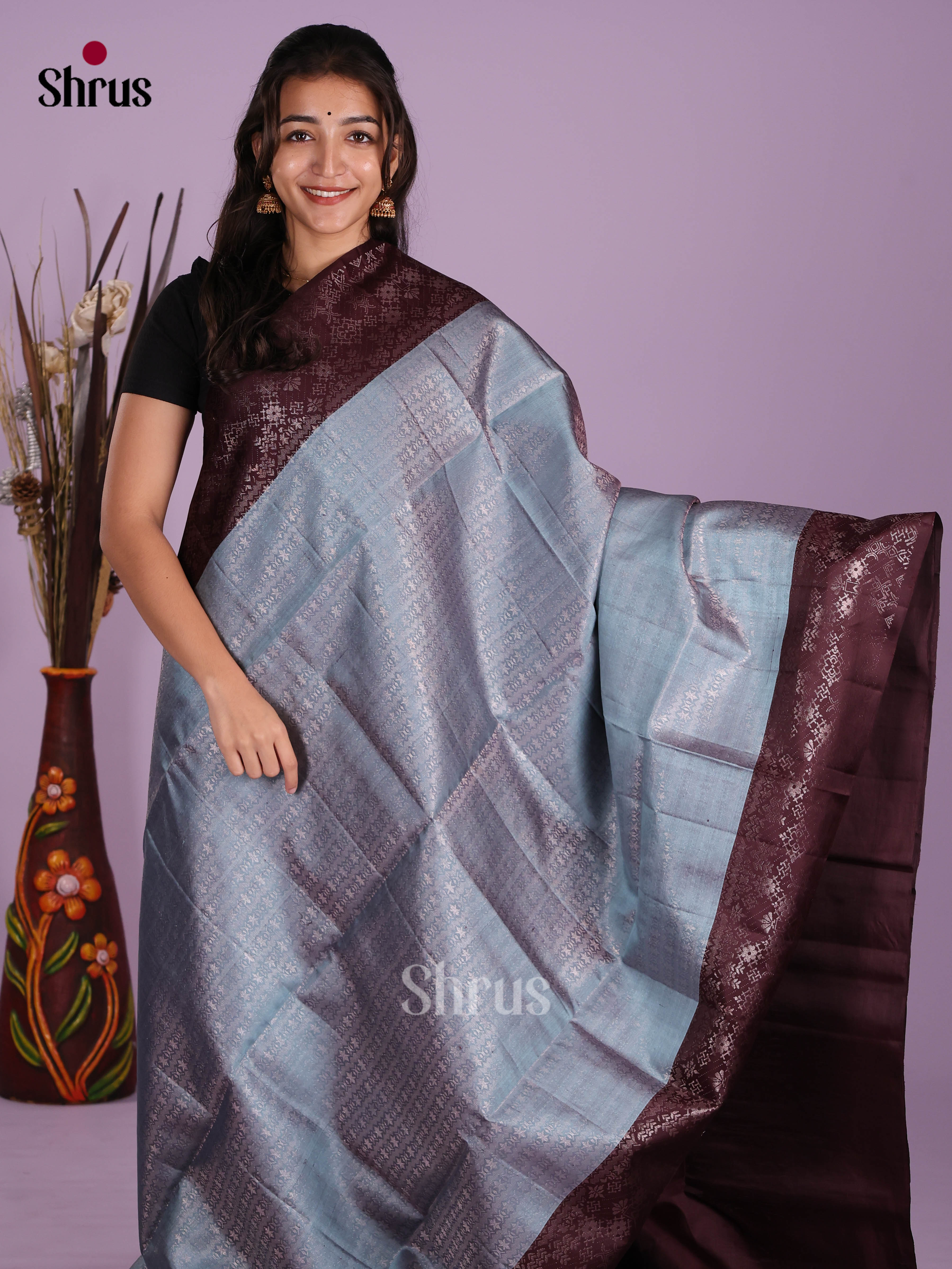 Buy Stunning Icy Blue Pure Soft Silk Saree With Intricate Silver Zari Patterns, Brown Border & Brocade Pallu