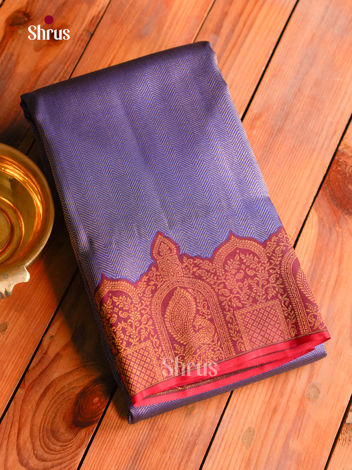 Jewel-Toned Violet Kanchipuram Silk Saree With Fine Chevron Weave | Maroon Red Border With Arches, Vines & Peacocks