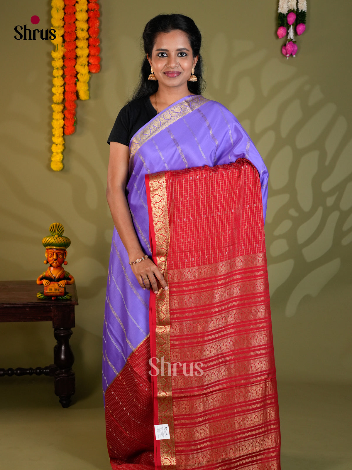 Buy Opulent Lavender Half & Half Mysore Silk Saree with Gold Stripes, Red Checks & Zari Pallu